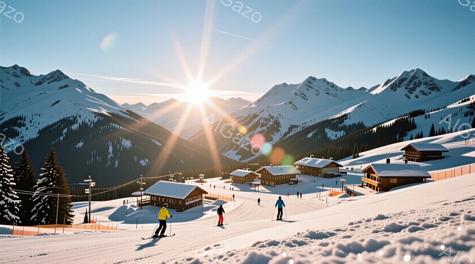 晴れた冬の日に、雪山を背景にスキーをする人々の姿が描かれています。スキーヤーたちはカラフルなスキーウェアを身に着け、斜面を滑り降りています。背景には雪に覆われた山々と、可愛らしい木造建築の建物群が広がり、穏やかで開放的な雰囲気が漂っています。