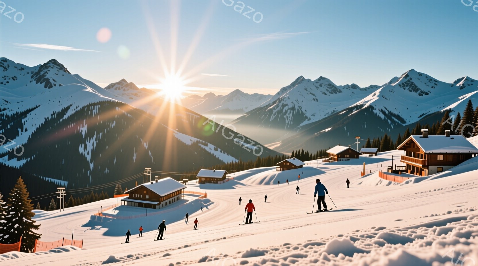 晴れた冬の日、雪山を背景にスキーを楽しむ人々の様子が写っている。スキーヤーたちはカラフルなスキーウェアを着用し、斜面を滑り降りている。背景には、雪を頂いた山々と、可愛らしい山小屋が点在し、暖かな日差しが全体を照らし、穏やかで活気のある雰囲気を醸し出している。