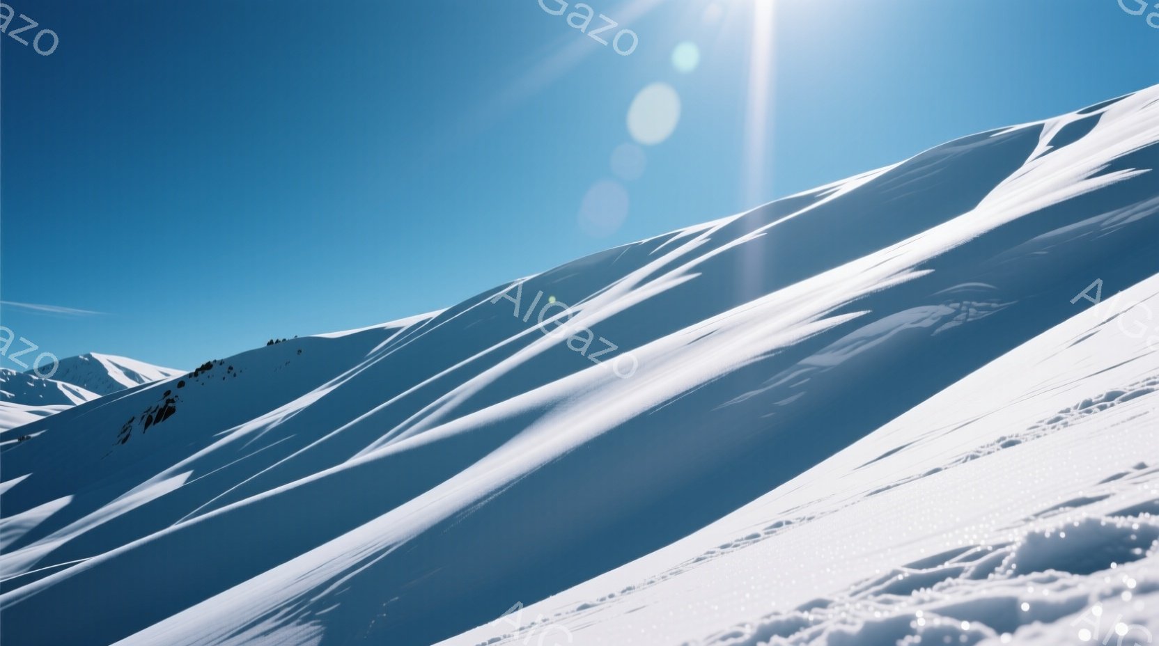 広大な雪山が広がり、太陽光が雪面に反射して眩しい光景が広がっている。雪の起伏は滑らかで、遠くには他の山々が連なり、澄み切った青空が広がっている。全体的に静かで、冬の厳しさと美しさが共存する、冷たくも荘厳な雰囲気が漂う。
