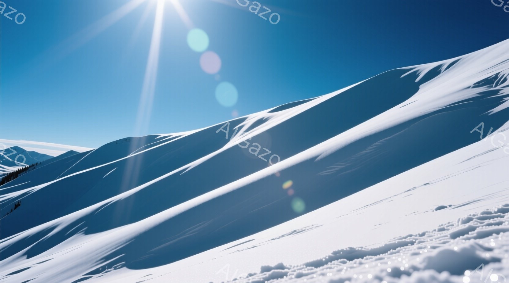 晴れた冬の日に雪山が広がり、白い雪面には太陽光が反射して眩しい輝きを放っている。遠くには山並みが連なり、雪の照り返しで青空がより鮮やかに映えている。全体的に静寂で澄んだ空気を感じさせる、壮大な自然の風景である。