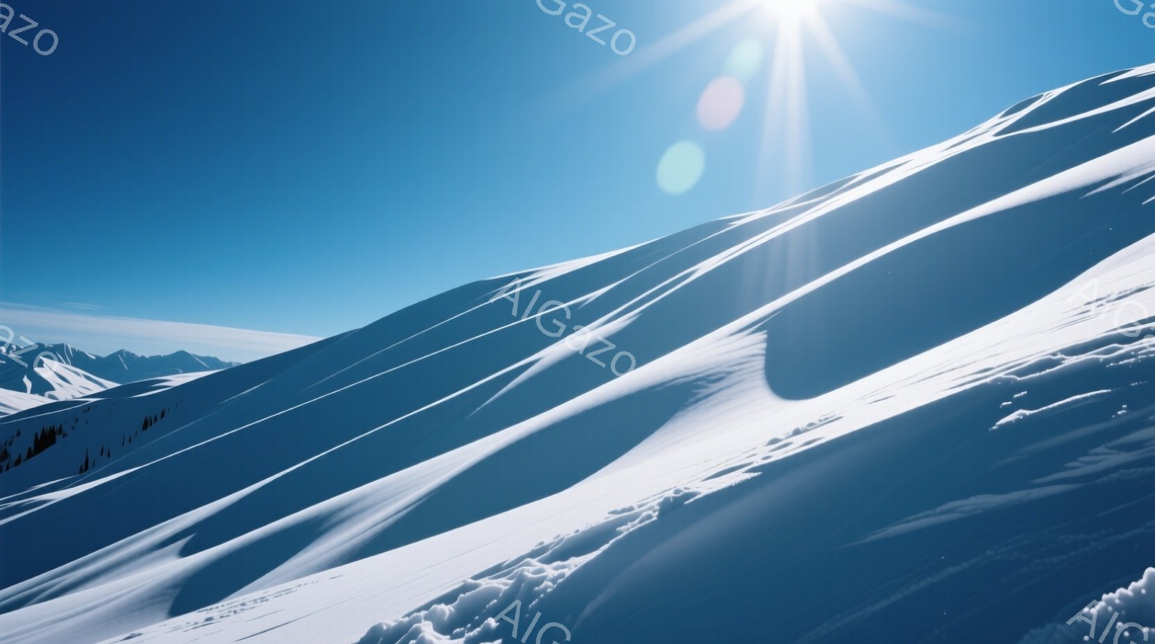 広大な雪景色が広がり、なだらかな雪の斜面が印象的だ。太陽光が反射し、雪面は白く輝き、遠くには雪を頂いた山々が連なっている。空は晴れ渡り、非常に澄んだ空気を感じさせる、静かで穏やかな冬の風景である。 - AI生成フリー素材