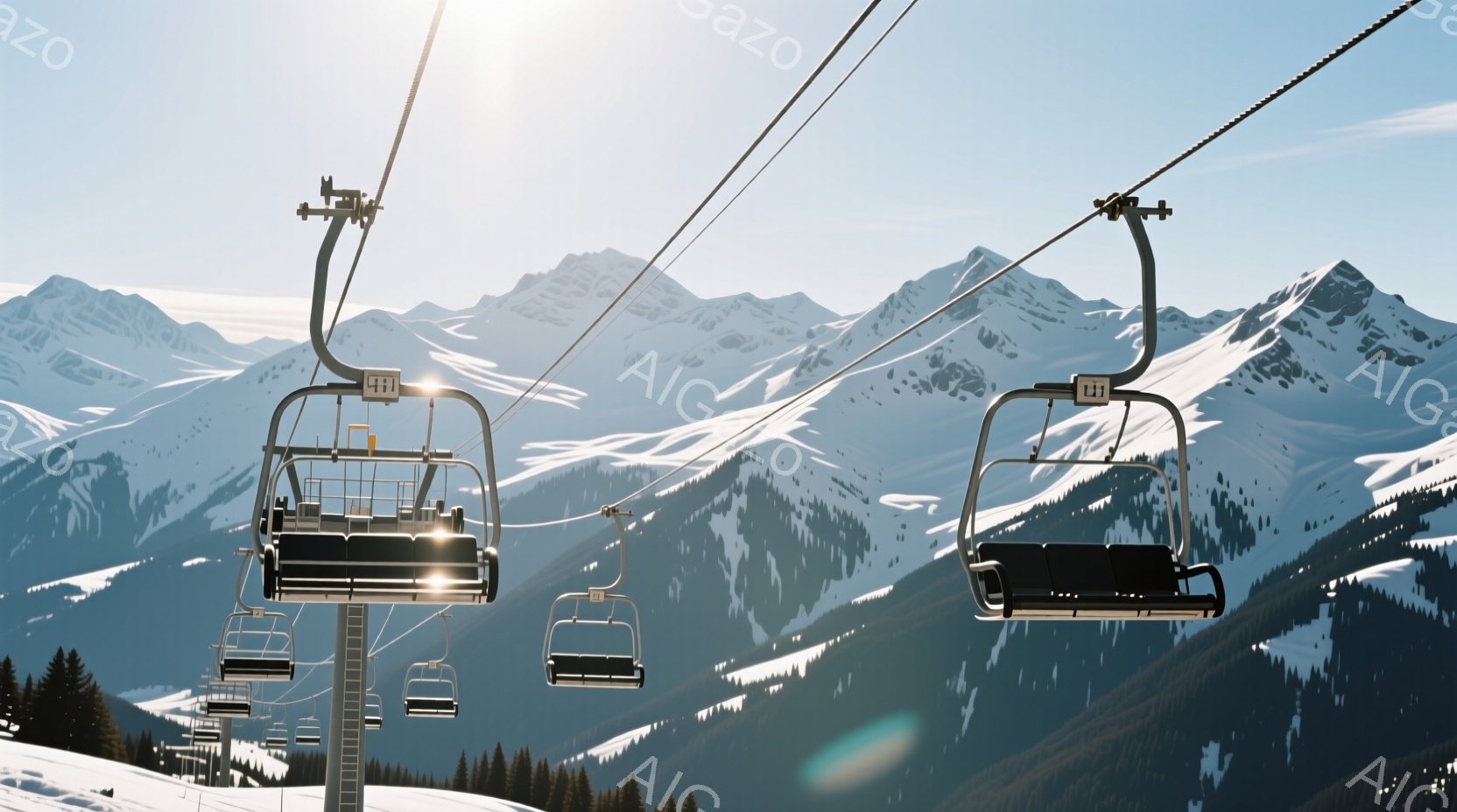 雪山を背景にしたスキーリフトの椅子が複数写っています。リフトの椅子は青空の下、雪に覆われた山々を見下ろすように並び、冬の澄んだ空気と美しい景色が広がっています。背景の山々は白銀の世界で、リフトの椅子とのコントラストが印象的です。