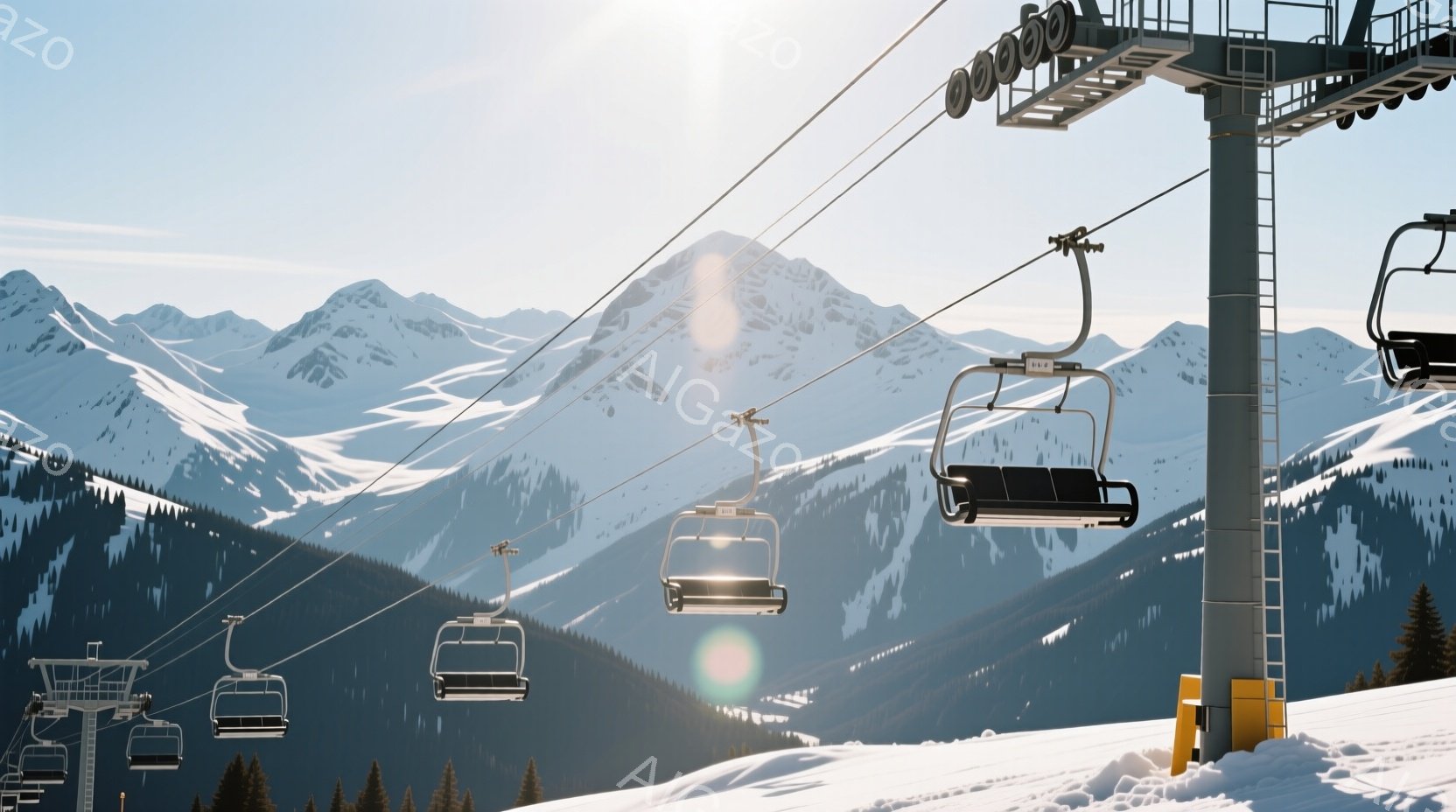 眩しいほどの雪景色が広がり、スキーリフトが雪山を背景に浮かび上がっています。リフトは複数台連なっており、冬の澄んだ空気と白い雪のコントラストが美しいです。遠くの山々は雪を抱き、穏やかな冬の日の静けさを感じさせます。