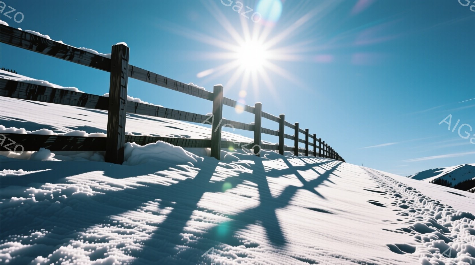 鮮やかな青空の下、雪に覆われた丘陵地帯の風景が広がっている。木製の柵が雪の上に設置され、丘の稜線をなしている。強い日差しが雪面を照らし、柵と人の影が長く伸び、冬の静寂と光のコントラストが美しい。 - AI生成フリー素材