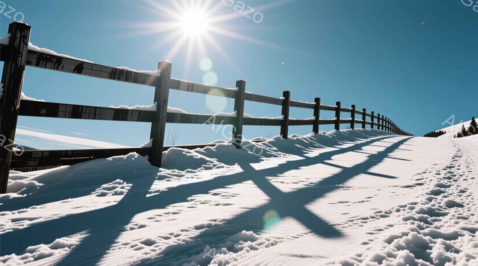 雪に覆われた丘の上に、古い木の柵が並んでいる。強い日差しが降り注ぎ、雪面には柵の影が長く伸びている。背景は青空で、遠くにはわずかに木々が見え、冬の静寂で澄んだ空気を感じさせる。 - AI生成フリー素材