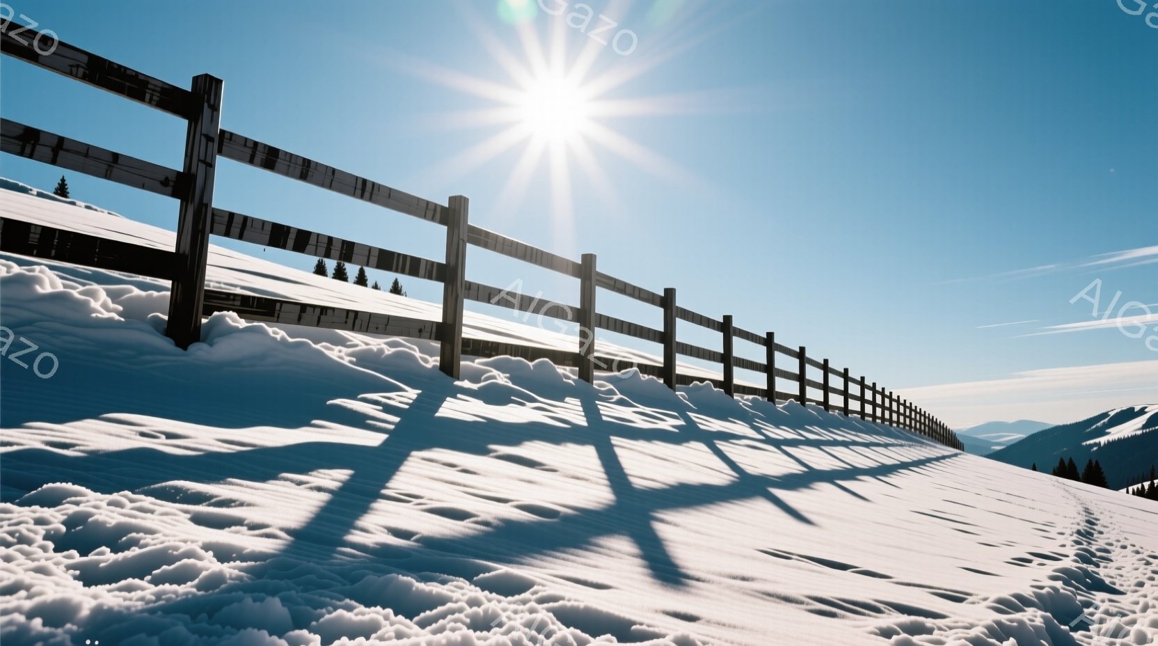 鮮やかな青空の下、雪に覆われた丘の上に木製の柵が並んでいる。太陽光が強く、柵の影が雪の上に長く伸び、冬の静寂と光のコントラストが際立っている。遠くには雪を頂いた山々が見え、澄んだ空気と白い雪景色が冬の - AI生成フリー素材
