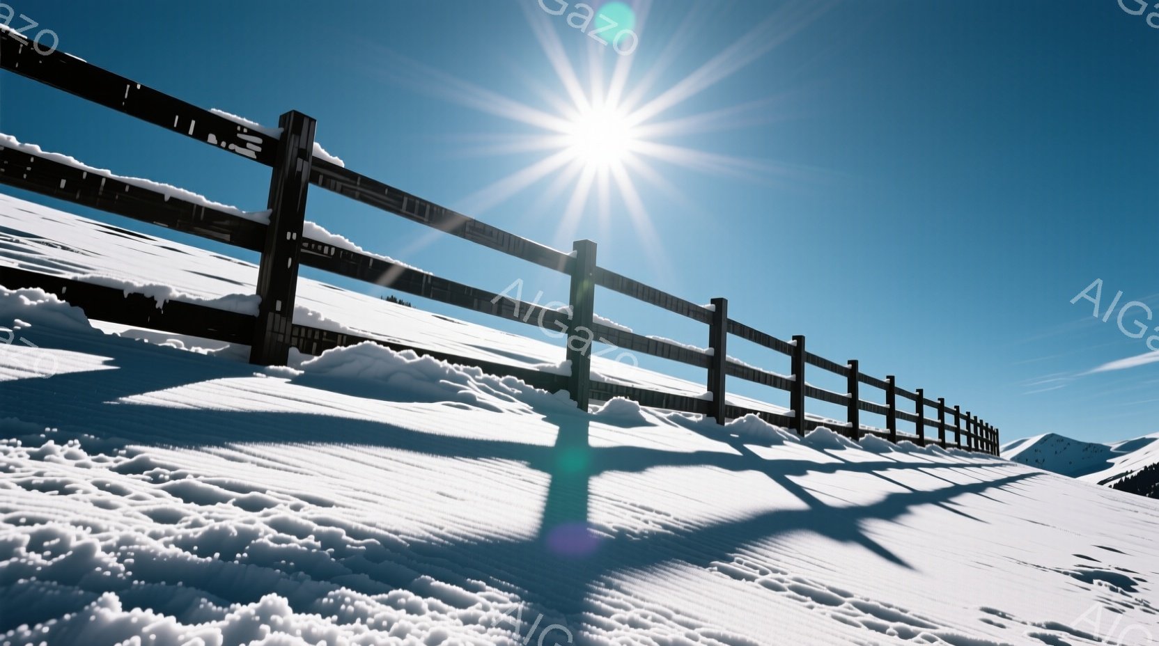 雪に覆われた丘の上に、木製の柵が並んでいる。強い日差しが雪面から反射し、柵の影が長く伸びている。背景には雪を抱いた山々が見え、晴天の下、冬の静寂が漂う景色だ。 - AI生成フリー素材