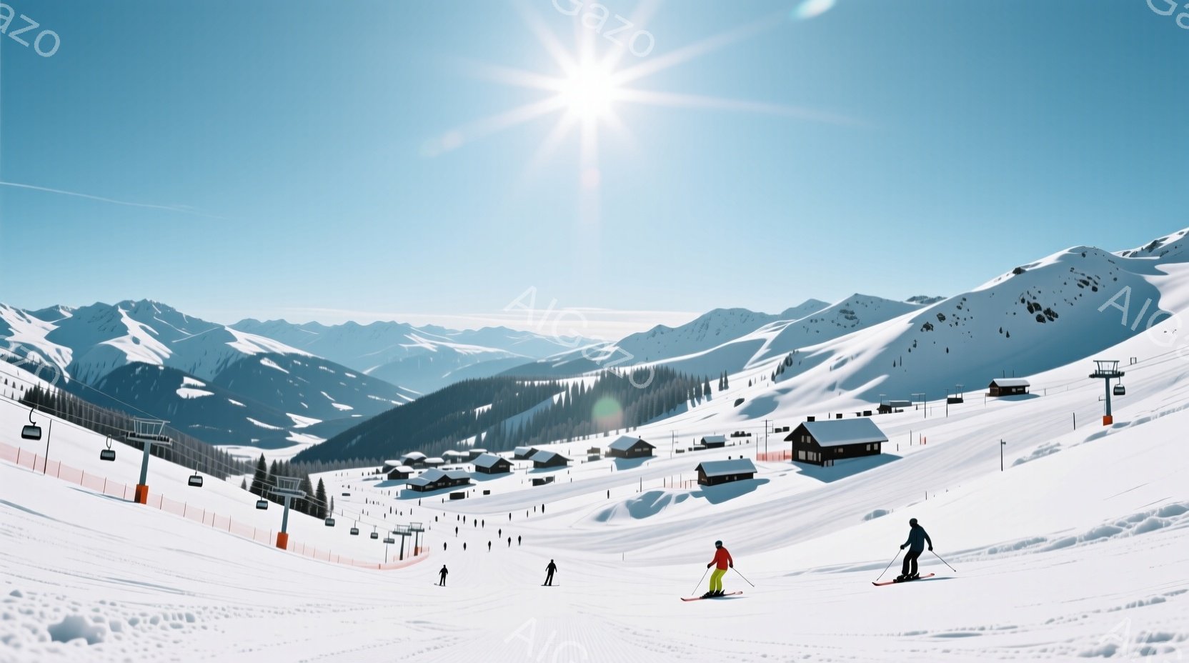 晴れた冬の日、スキー場が広がる景色です。斜面にはスキーヤーが数人おり、黒とオレンジのウェアを着て滑走しています。背景には雪をまとった山々と、木造の建物が点在しており、穏やかで開放的な雰囲気が漂っています。