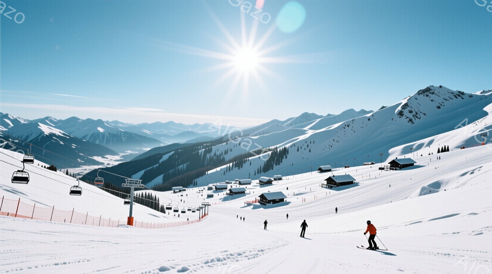 白く輝く雪山が広がり、スキー場の一面を捉えた写真です。オレンジと黒のスキーウェアを着た人物が、斜面を滑走しており、遠くには赤いゴンドラが並び、木造の建物が点在しています。青空と眩しい太陽光が、冬の静寂 - AI生成フリー素材