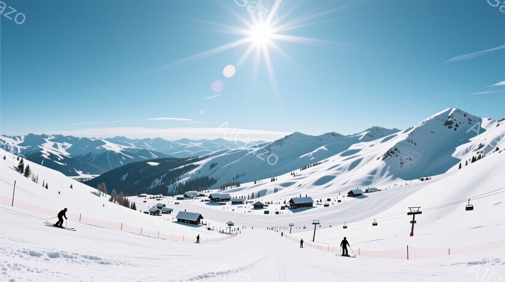 晴れた冬の日に、雪山を背景にスキーを楽しむ人々の様子が描かれています。スキーヤーたちは黒いウェアとゴーグルを着用し、雪面を滑降しています。背景には木造の建物が点在し、遠くには雪をまとった山々が連なり、 - AI生成フリー素材
