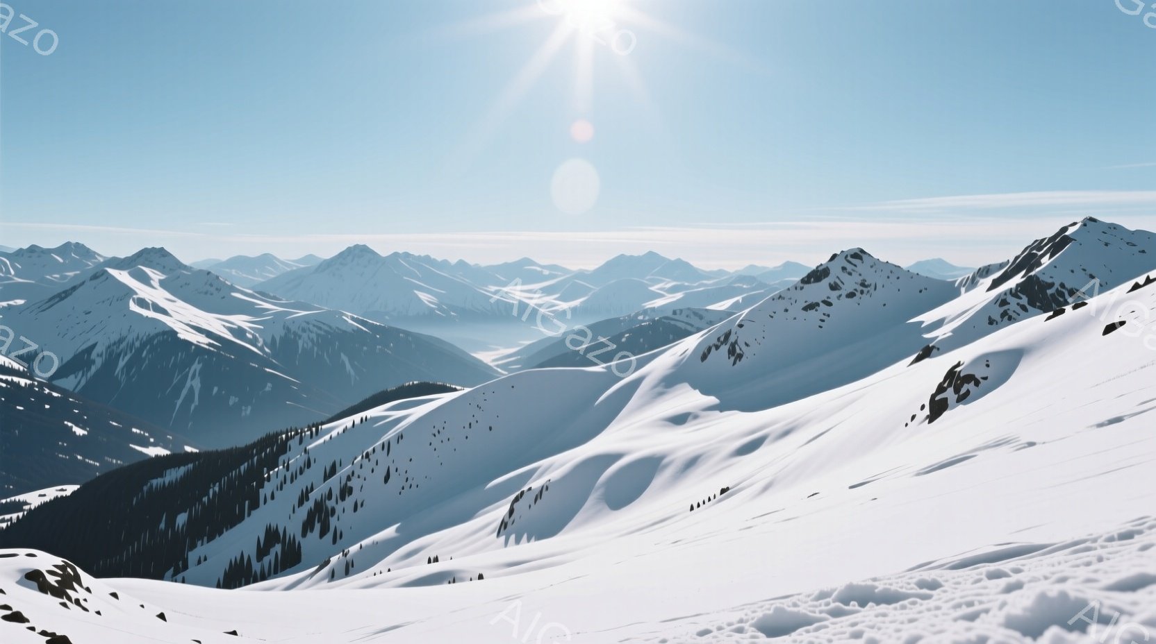 険しい雪山が連なり、遠くには霞んだ山脈が広がっている。雪は白く輝き、一部の山肌には針葉樹林が見える。晴天で太陽が眩しく、全体的に静かで荘厳な雰囲気が漂っている。