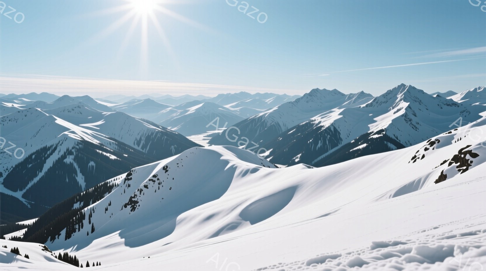 息をのむほど美しい雪山の風景が広がっている。白銀に輝く山々は連なり、深い影が谷間に落ち、奥行きを強調している。太陽の光が雪面を照らし、きらきらと輝き、冬の静寂と壮大さを感じさせる。
