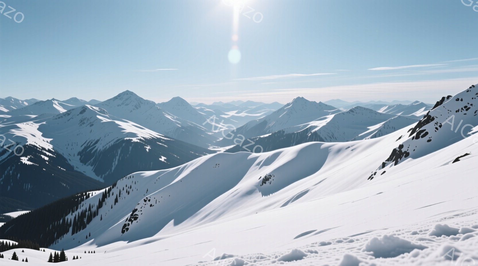 雪に覆われた山々の壮大な景色が広がっている。前景には雪の斜面が広がり、遠景には連なる山々が青空の下に浮かび上がっている。太陽光が雪面を照らし、明るく爽やかな冬の雰囲気を醸し出している。