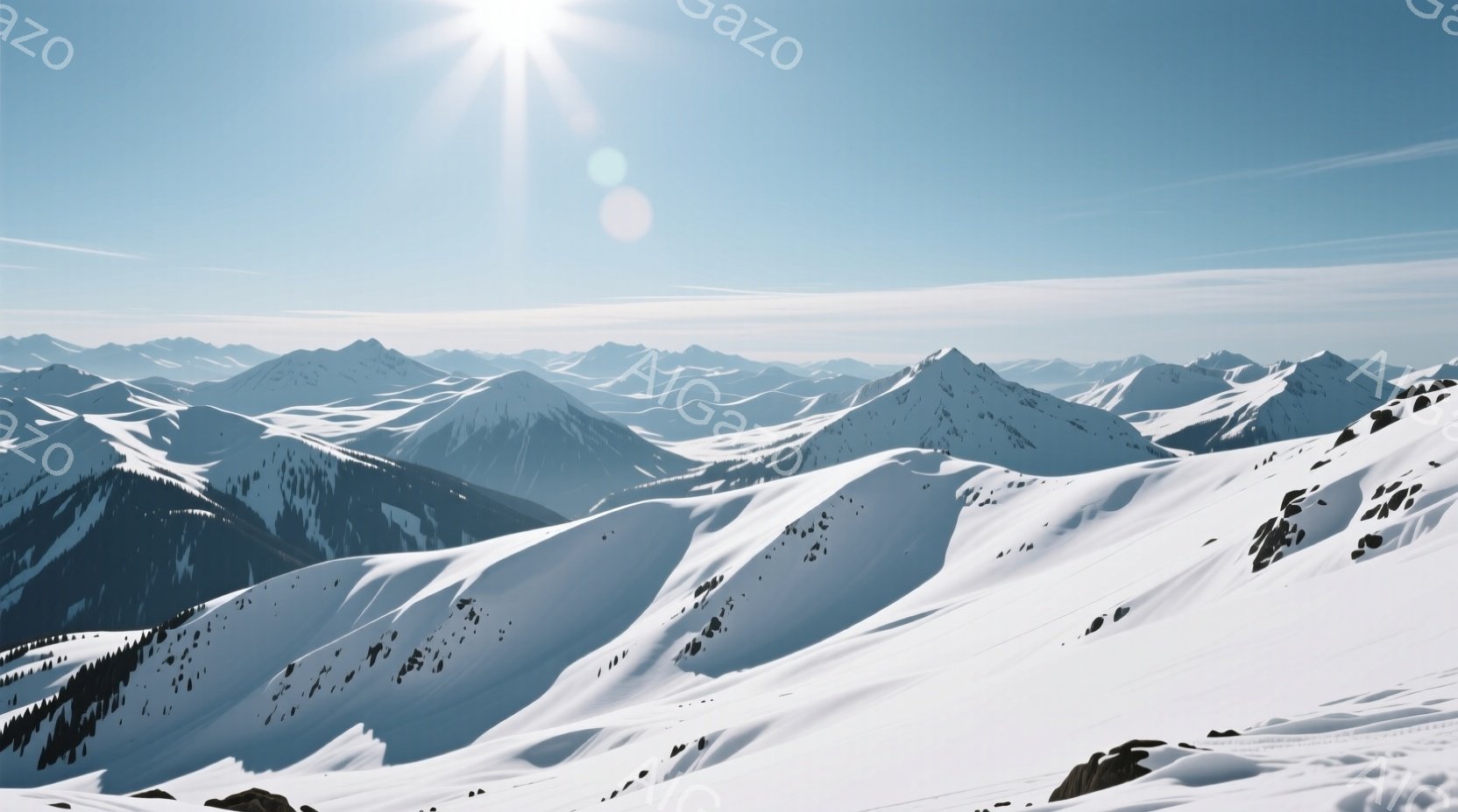 雪に覆われた山々の壮大な景色が広がっている。太陽が燦々と輝き、雪原は白く照らされ、遠くの山々は青みを帯びて見える。全体的に静寂で厳かな雰囲気が漂い、冬の自然の美しさを感じさせる。