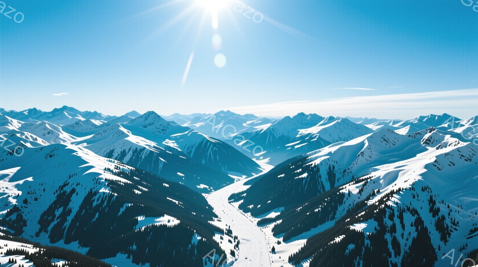 広大な雪山が連なり、遠くまで続くスキーコースが印象的な風景です。雪は白く、太陽の光を反射して輝いており、背景には青空が広がっています。全体的に静かで澄んだ空気を感じさせる、冬の壮大な自然の姿が描かれて - AI生成フリー素材