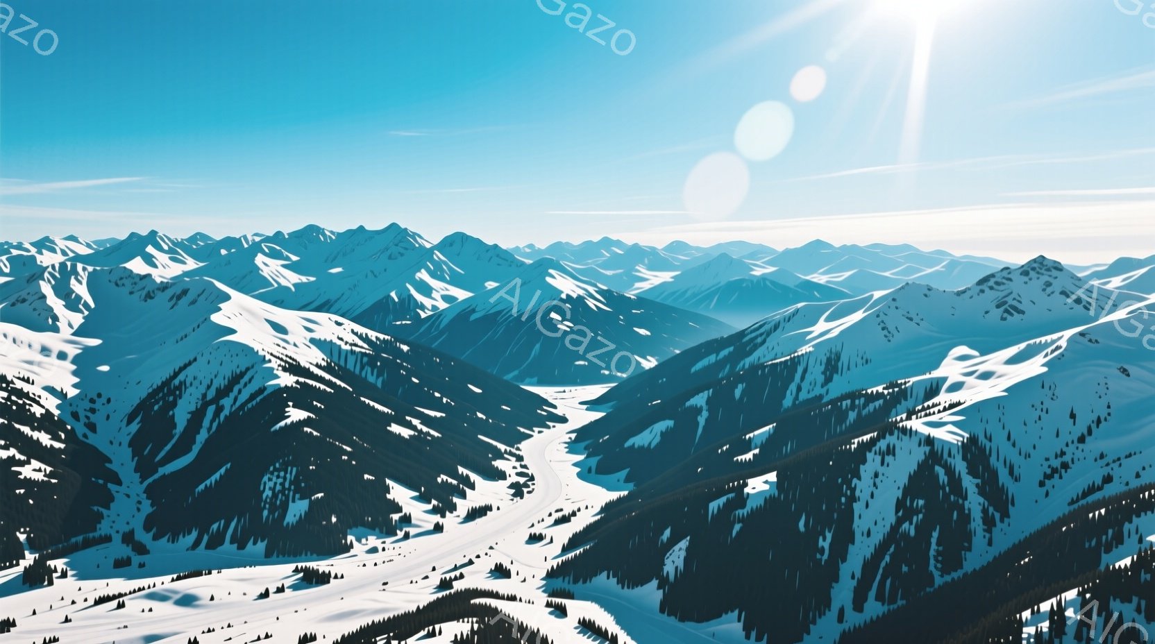 広大な雪山が連なり、白銀の世界が広がっている。谷間にはスキー場らしきゲレンデが確認でき、木々も雪に覆われている。晴天の下、太陽光が雪面に反射し、まばゆい光景を作り出している。