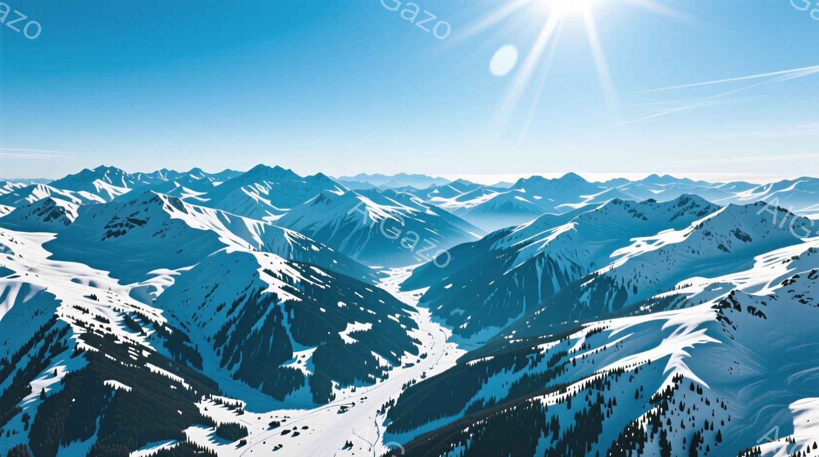 雪をまとった山々が連なり、深い谷と影を作り出している。太陽光が雪面に反射し、眩しい光景が広がっている。遠くには霞がかかり、幻想的な雰囲気を醸し出している。