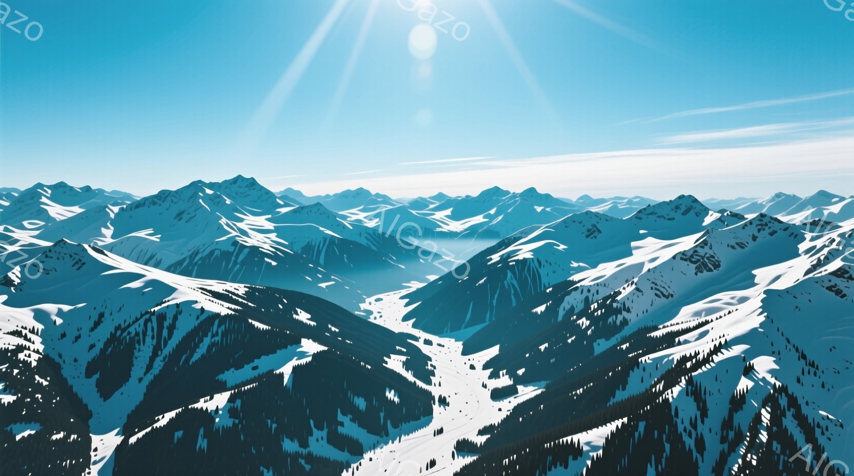 雪をまとった山々が連なる壮大な風景が広がっている。山肌は影と光でコントラストが強く、雪の照り返しが眩しい。遠景には霞がかかり、静寂で神秘的な雰囲気を醸し出している。