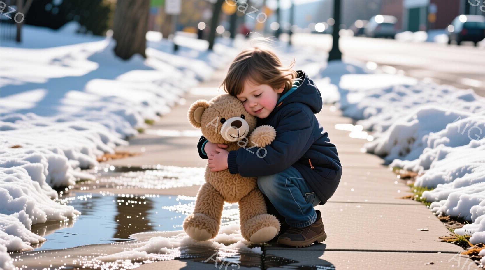 小さな少年が大きな茶色のテディベアを強く抱きしめています。少年は濃い青色のジャケットとジーンズを身につけ、少しカールした金髪が特徴的で、幸せそうな笑顔を浮かべています。背景には雪が積もり、アスファルト - AI生成フリー素材