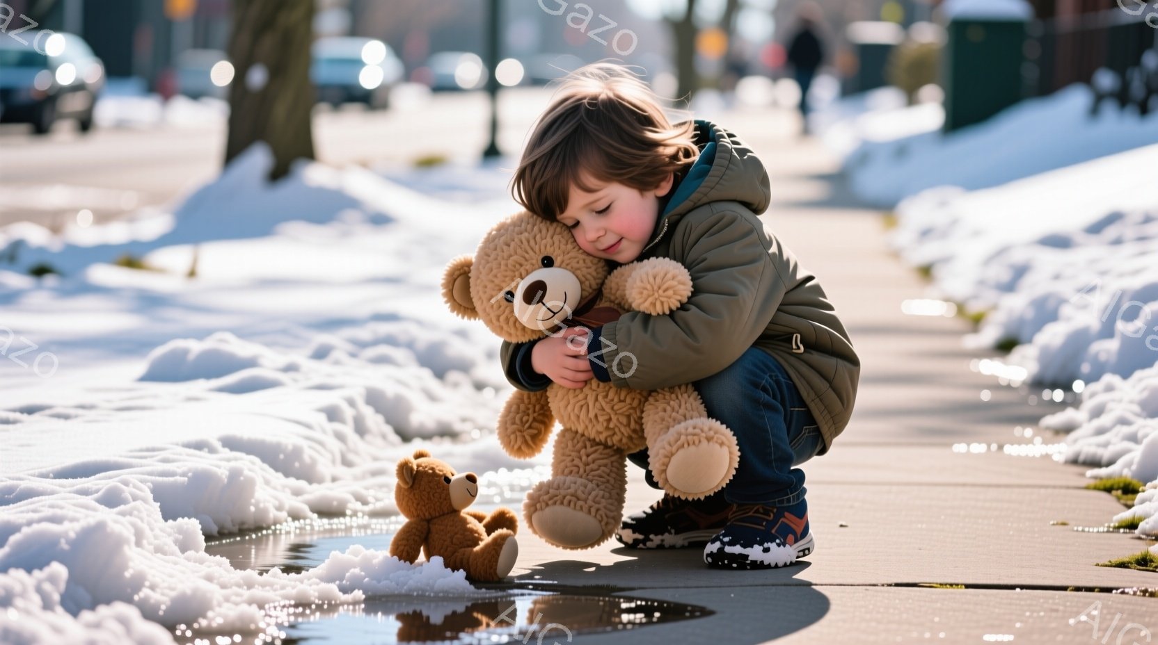 茶髪の幼い男の子が、大きな茶色のテディベアを抱きしめ、雪に覆われた歩道をうずくまっています。彼は濃い青色のジーンズと黒と白の靴を履き、濃い緑色のジャケットを着ています。背景には雪で覆われた道路と、ぼやけた建物があり、全体的に暖かく、優しく、冬の雰囲気を感じさせます。