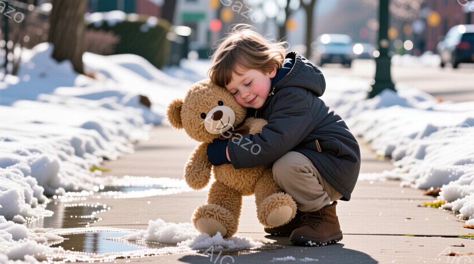 金髪の少年が、大きな茶色のテディベアを抱きしめてひざまずいています。少年は黒いジャケットとベージュ色のズボン、ブーツを履いており、楽しそうな笑顔を浮かべています。背景には雪が積もり、路面には雪解け水が - AI生成フリー素材