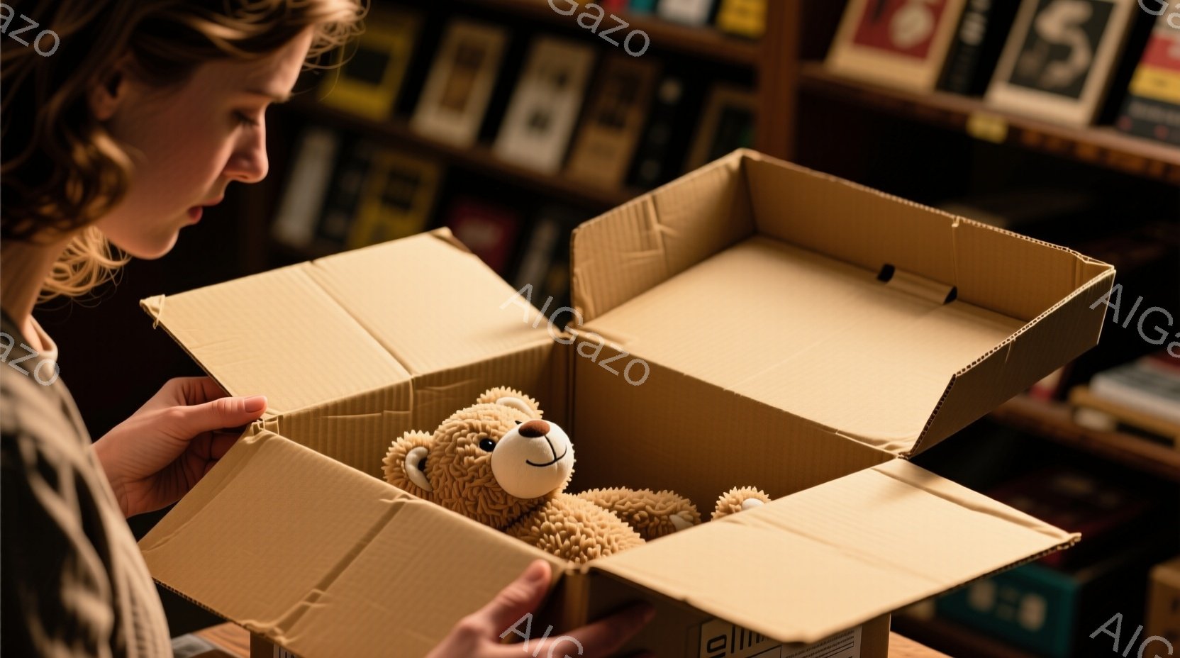 女性が段ボール箱の中身を確認している様子が写っている。彼女は黒いトップスを着ており、茶色の髪は肩まで伸びている。背景には本棚が見え、暖かく落ち着いた雰囲気の室内であることがわかる。 - AI生成フリー素材