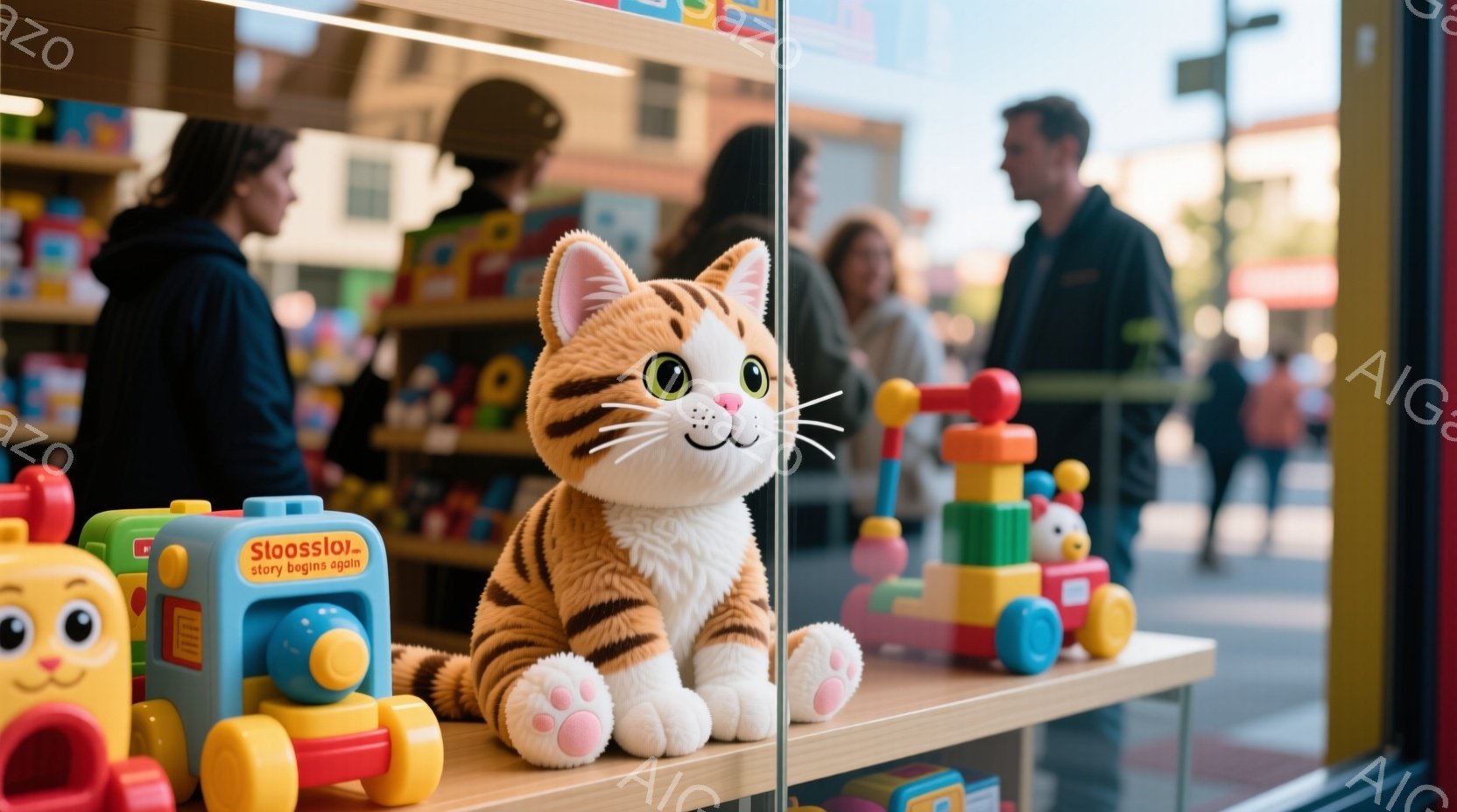 おもちゃ屋のショーウィンドウに、茶色の縞模様の大きな猫のぬいぐるみとカラフルな積み木のおもちゃが並べられています。背景には、人々が歩いている屋外の通りと、薄い雲がかった空が見え、穏やかな午後の雰囲気を感じさせます。ショーウィンドウに映る人物は、暗色のコートを着ており、ぼんやりと歩いている様子が伺えます。