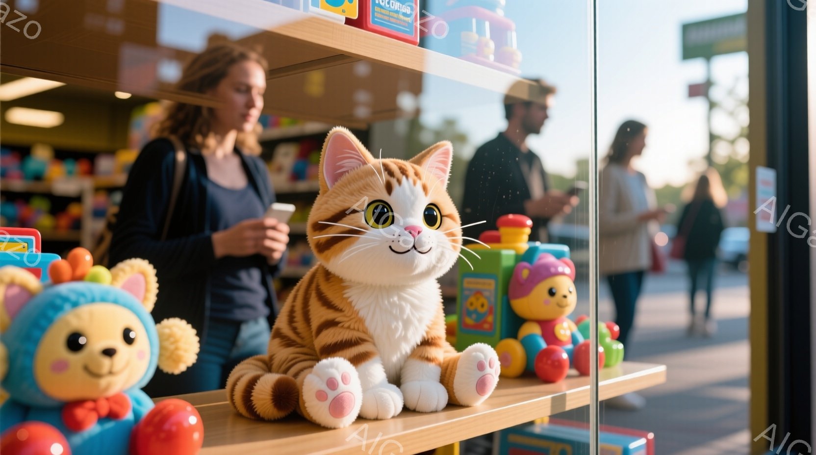 ショーウィンドウの中に、オレンジ色の縞模様の猫のぬいぐるみがお座りになっています。その周りには、カラフルな積み木や他のぬいぐるみがあり、背景にはぼやけた人物と、明るい光が差し込む店内の様子が見えます。全体的に、おもちゃ屋さんの楽しげで活気のある雰囲気が伝わってきます。