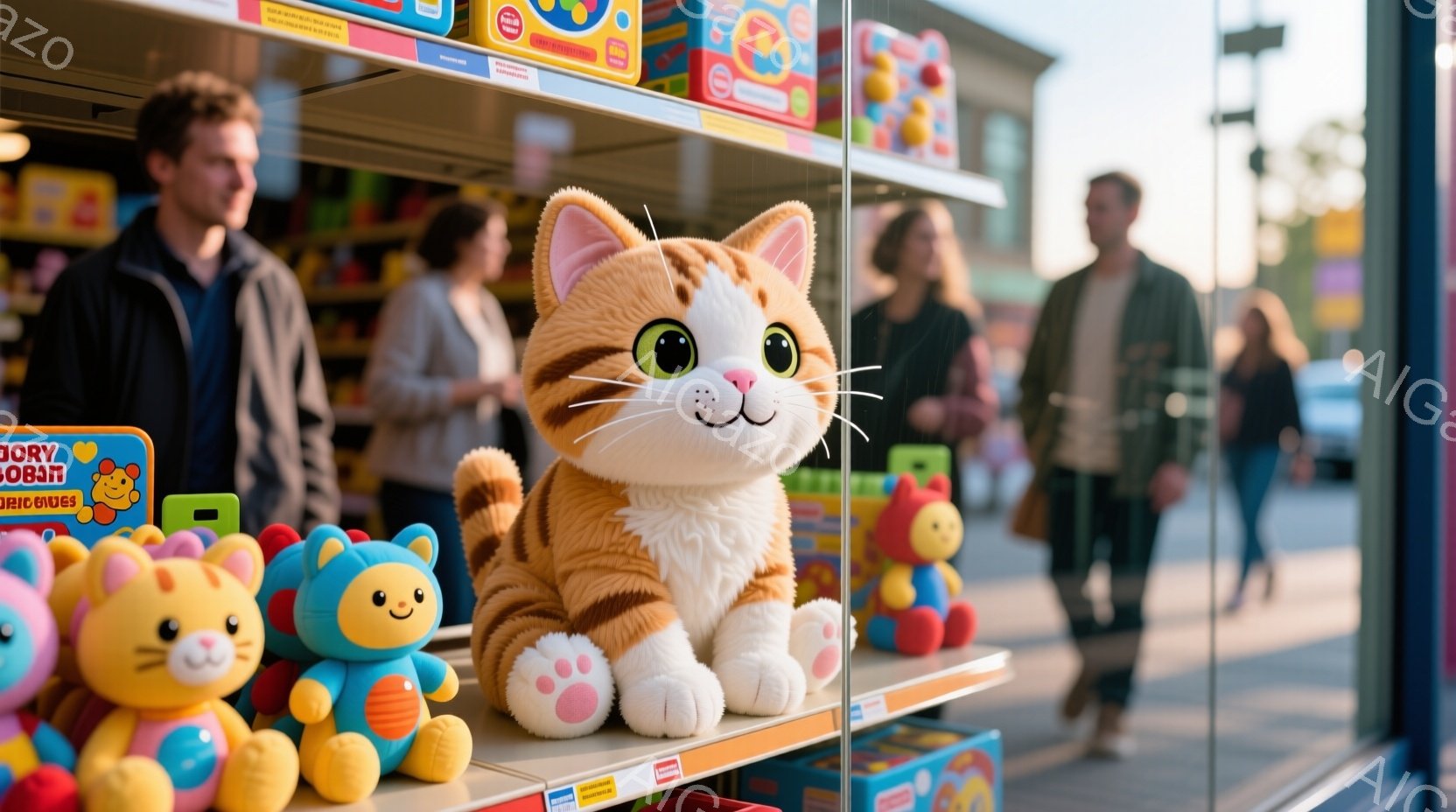 おもちゃ屋さんのショーウィンドウに、オレンジ色の縞模様の大きな猫のぬいぐるみ、ピンクと青のウサギのぬいぐるみ、そしてカラフルなその他のぬいぐるみが並んでいます。背景には、ブラウスを着た女性とジャケットを着た男性がぼやけており、晴れた日の屋外のシーンを示唆しています。全体的に、明るく楽しい雰囲気で、子供向けのショップやイベントを連想させます。