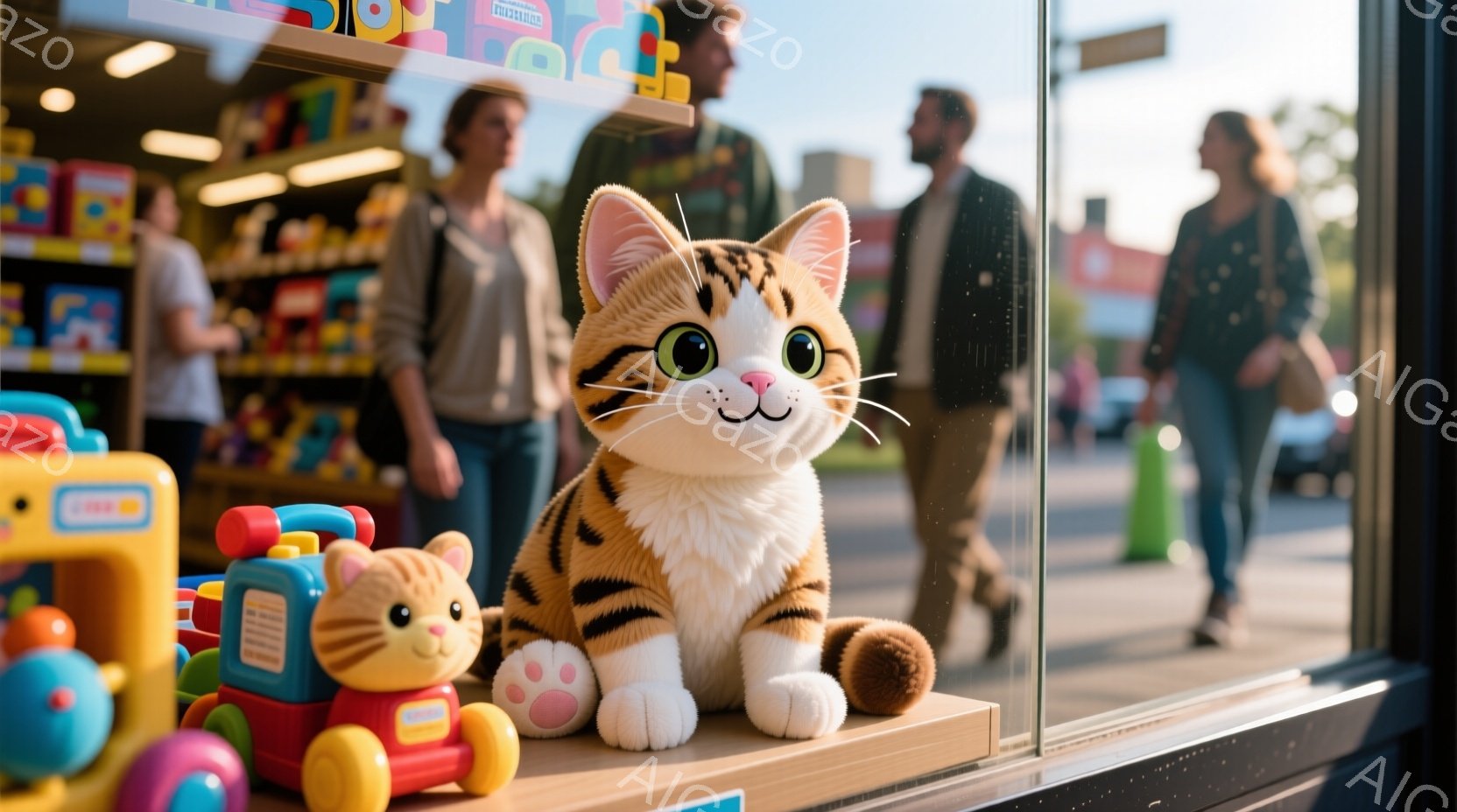 ショーウィンドウの中に、茶色と白の縞模様の猫のぬいぐるみと、カラフルな積み木のおもちゃが置かれています。背景には、ぼやけた歩行者と建物が見え、晴れた日の穏やかな街並みが広がっています。ぬいぐるみは正面を見据え、おもちゃは右側に配置されており、明るく楽しい雰囲気を醸し出しています。