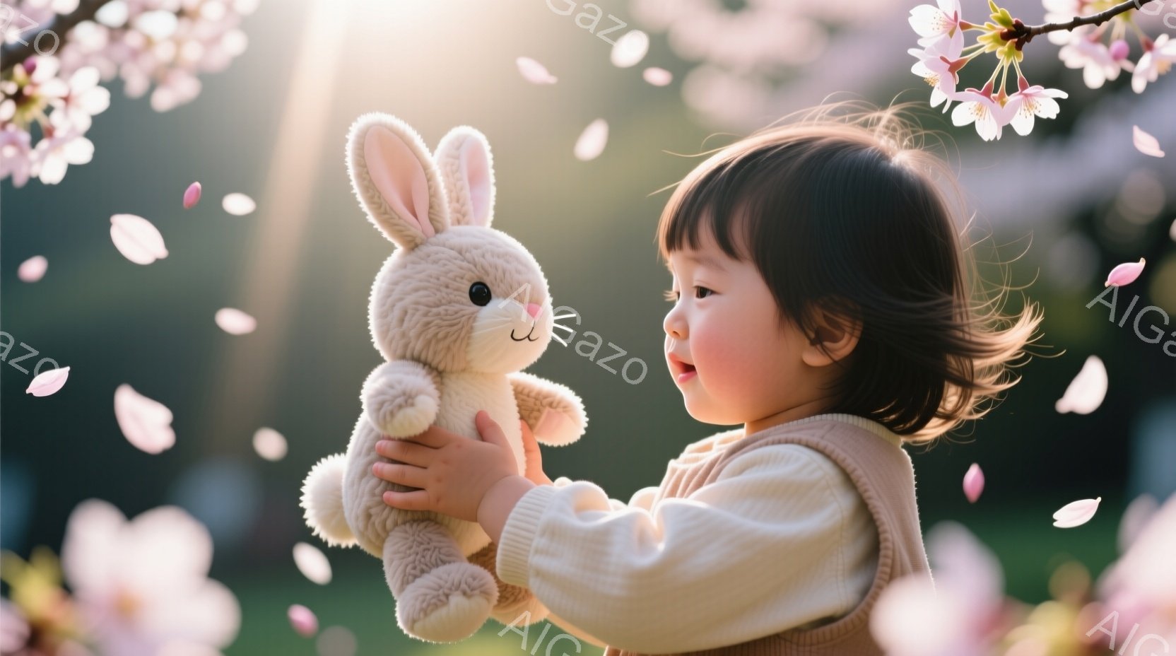 幼い女の子が、ふわふわのクリーム色のウサギのぬいぐるみを抱きしめています。彼女はベージュ色のセーターを着ており、黒髪は肩のあたりで切り揃えられています。背景には桜の花びらが舞い散り、春らしい暖かく穏や - AI生成フリー素材