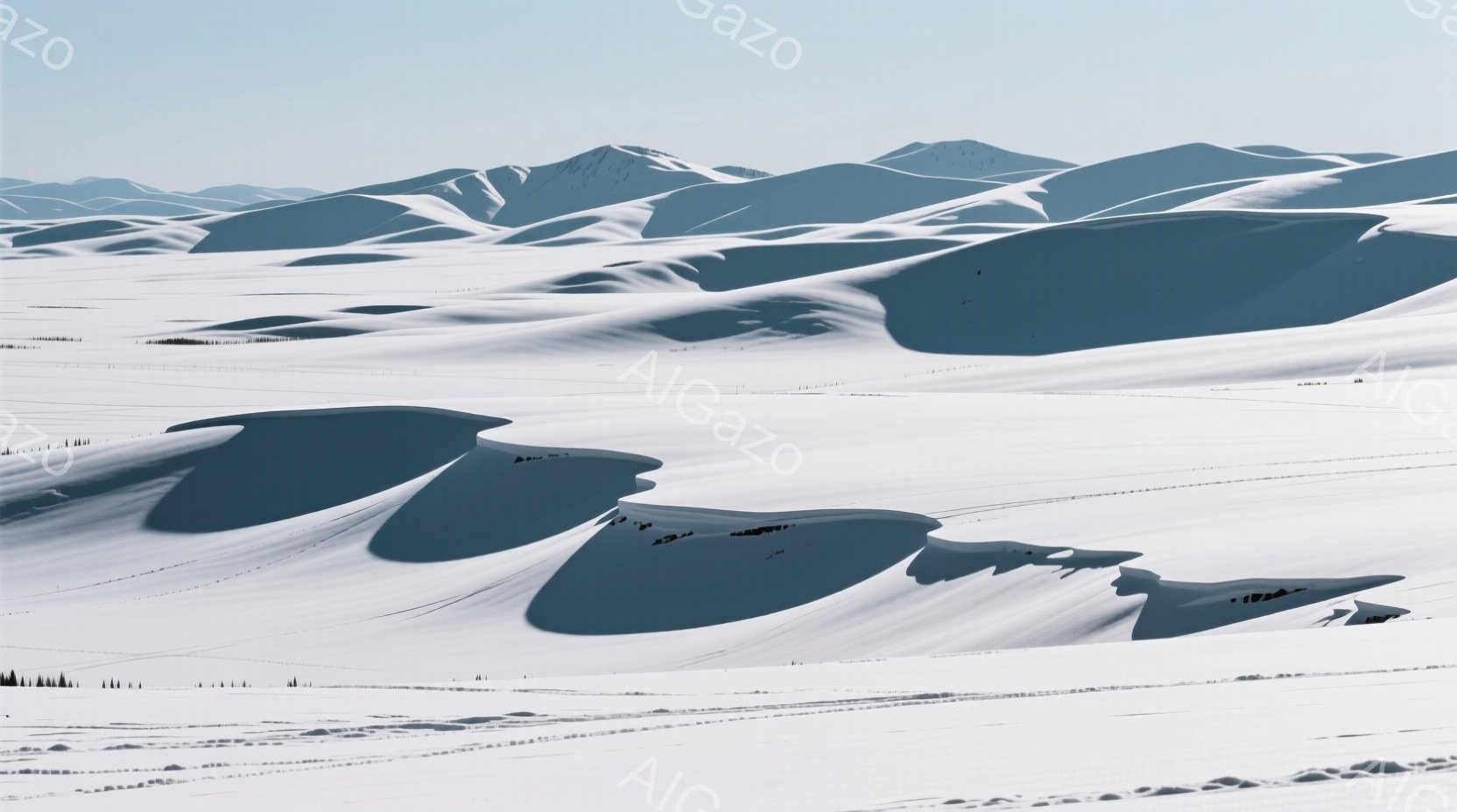 広大な雪原が広がり、均一ではない雪の起伏が印象的な風景です。影が長く伸び、太陽光線が雪面を照らし、静かで冷たい空気感を伝えています。遠くにはかすかに地平線が見え、自然の広大さと静寂を強調しています。