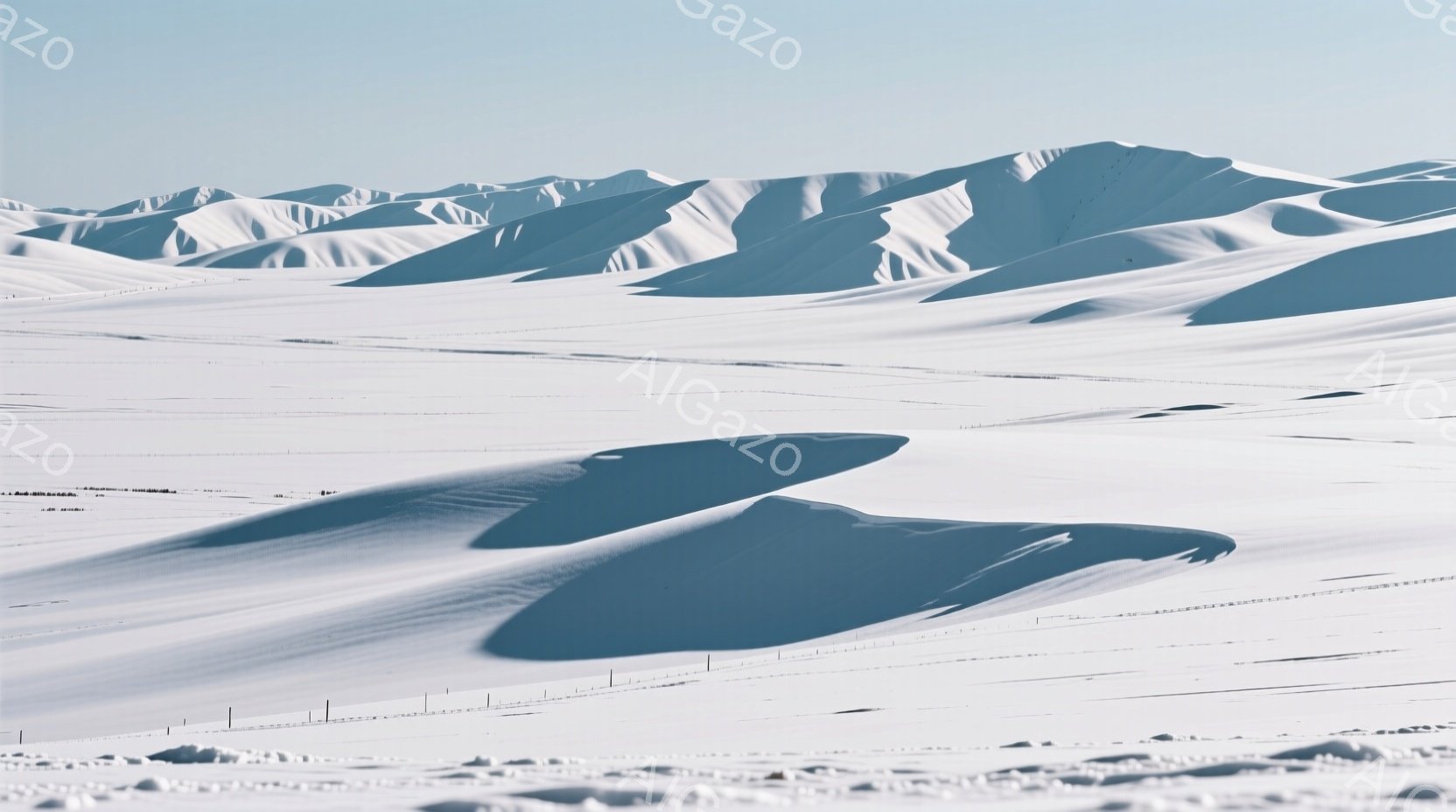 広大な雪原が広がり、起伏に富んだ白い丘が連なっている。影が雪面に長く伸び、立体感を強調している。背景には穏やかな空が広がり、静寂で冷たい冬の風景を作り出している。 - AI生成フリー素材