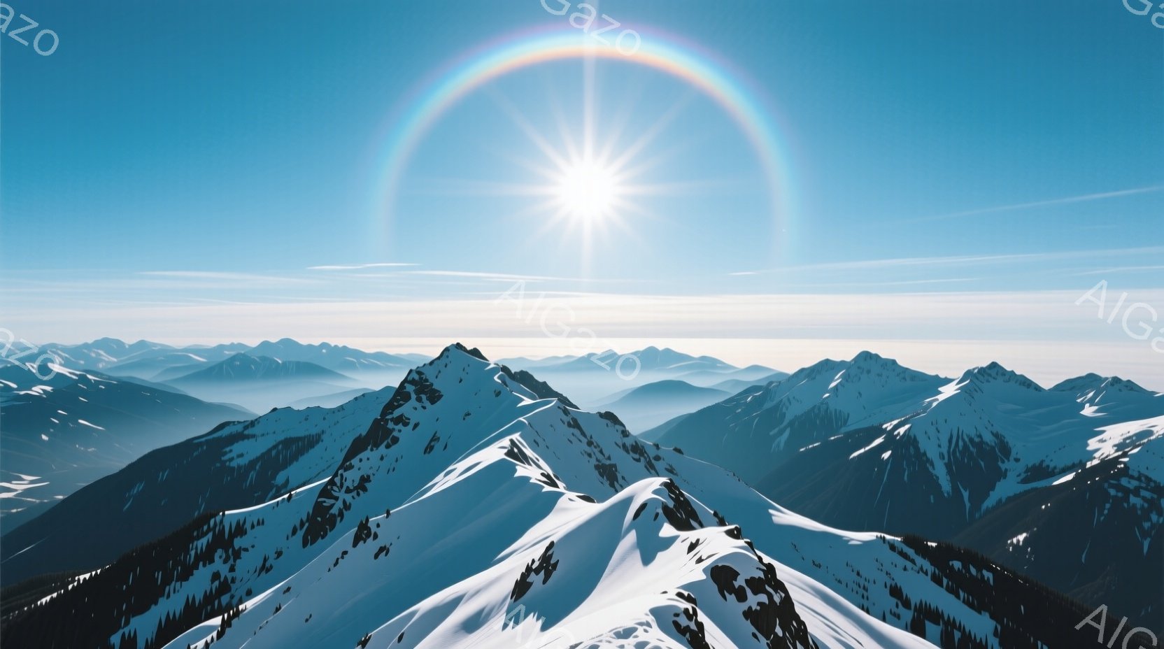 白い雪に覆われた山々が連なり、遠くには霞んだ山脈が広がっている。太陽は明るく輝き、その周りに虹のような光の輪が見られる美しい風景だ。全体的に静寂で荘厳な雰囲気が漂い、冬の自然の雄大さを感じさせる。