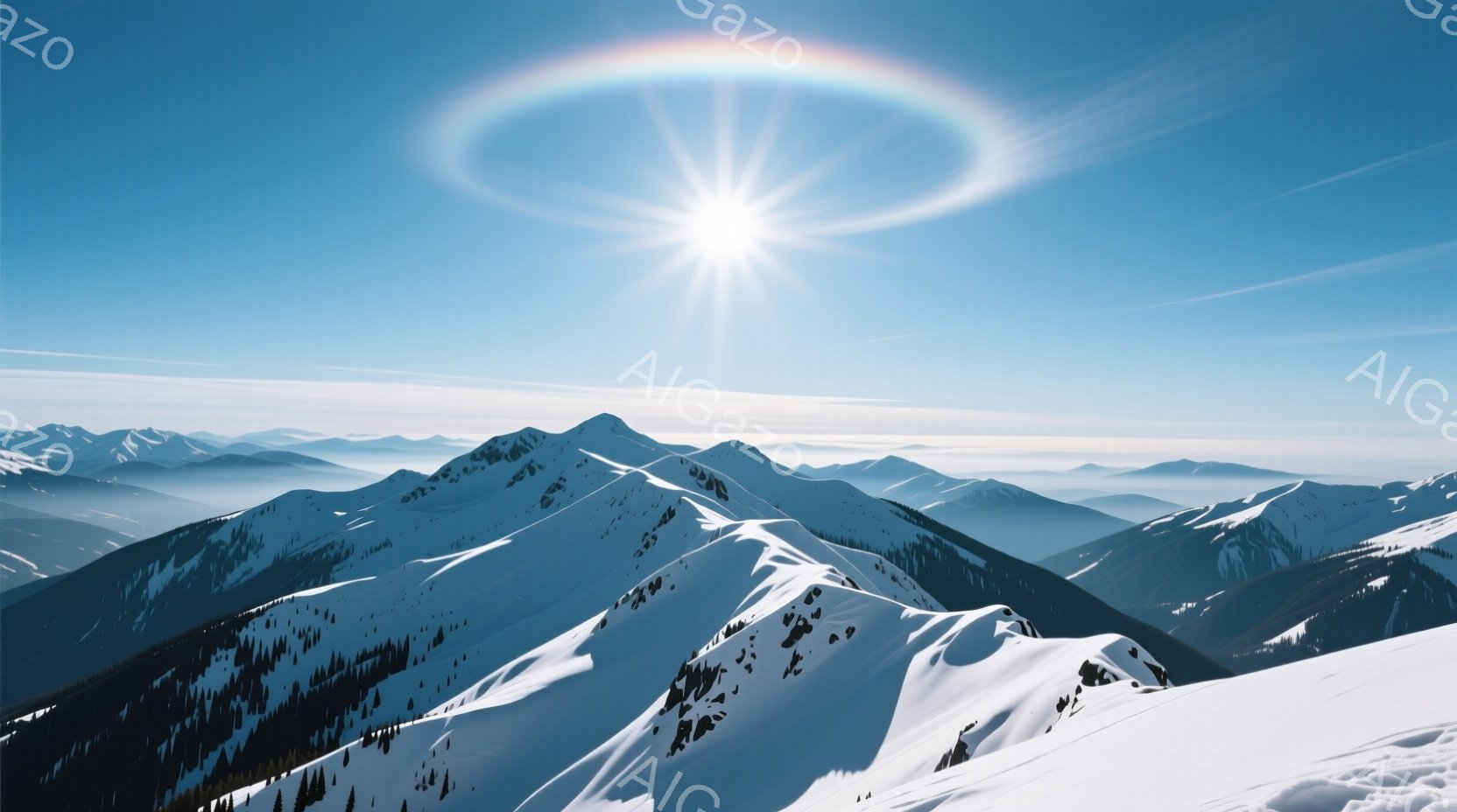 雪をまとった山々が連なり、遠くには霞んだ山並みが広がっている。太陽は高く輝き、周囲に虹のような光輪を形成しており、まるで神々しい光に包まれたような印象を与える。全体的に静かで荘厳な雰囲気で、冬の自然の美しさを際立たせている。