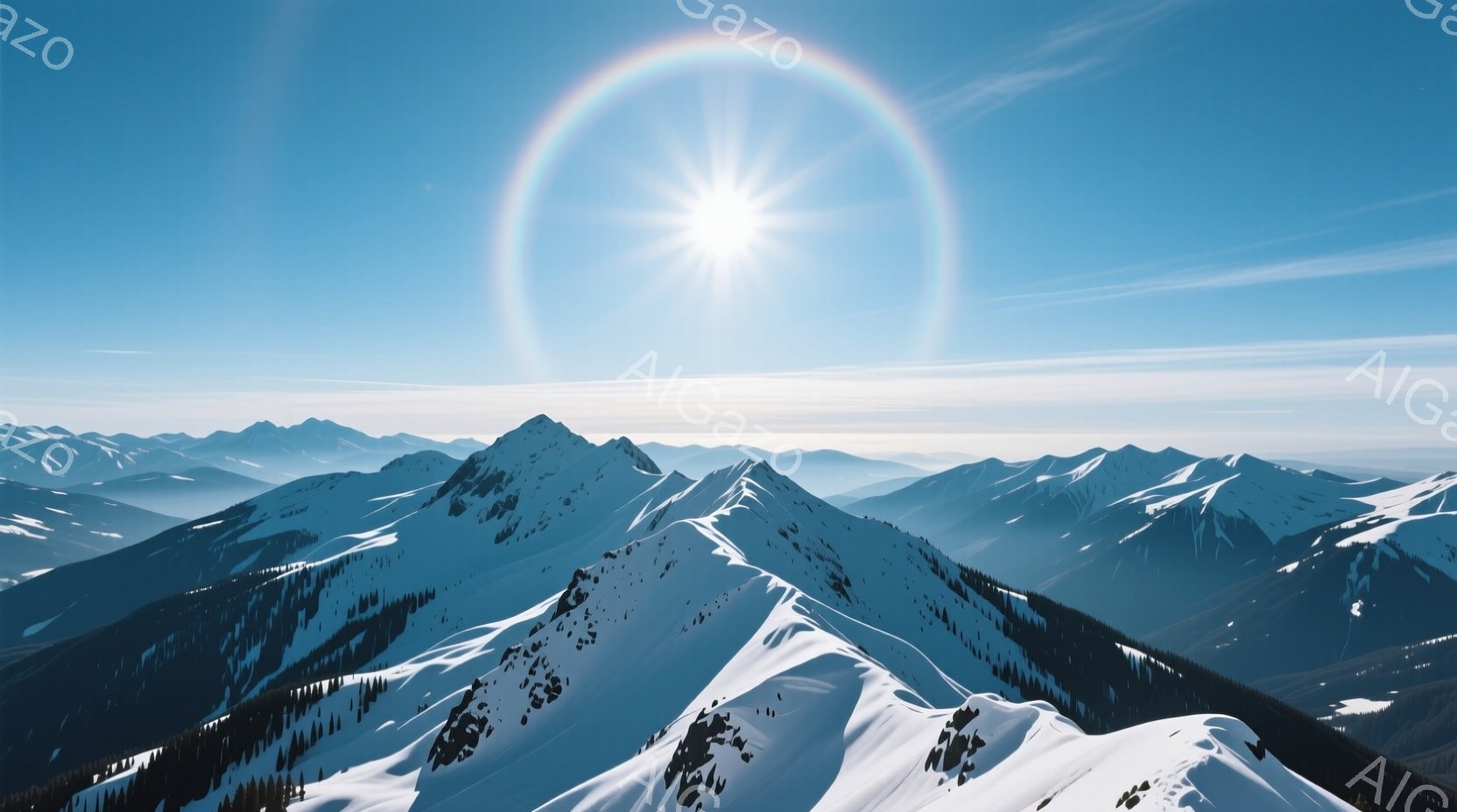 雪をまとった山々が連なり、青空の下で壮大な景色が広がっています。太陽の周りには鮮やかな虹色の光輪が見られ、神秘的な雰囲気を醸し出しています。山肌にはわずかに緑が見え、雪の白さと調和し、静寂で美しい冬の風景を描写しています。