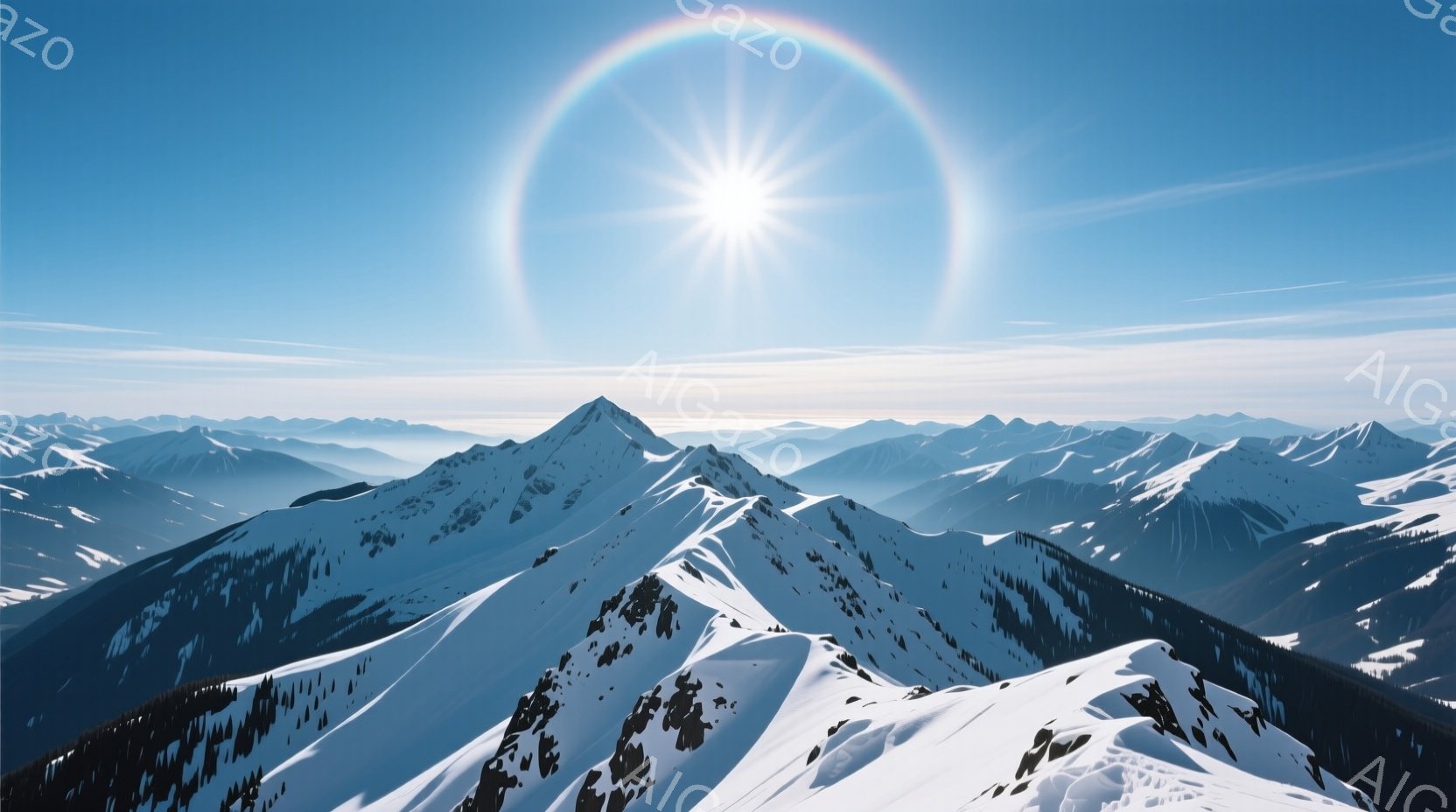 白く雪化粧された山々が連なり、遠くの山々は霞んで見える壮大な風景です。太陽の周りにハローのような光の輪が浮かび、青空とのコントラストが美しいです。雪原にはわずかに木々が見え、静寂で厳かな冬の自然の雰囲気が漂っています。