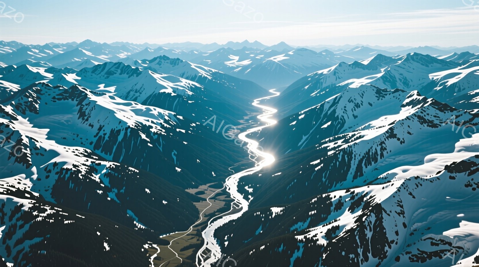 雪をまとった山々の壮大な風景が広がっている。谷間を縫うように蛇行する川が、太陽の光を反射して白く輝き、周囲の暗い山肌とのコントラストを際立たせている。全体的に冷たく静謐な雰囲気が漂い、自然の力強さと美しさが感じられる。