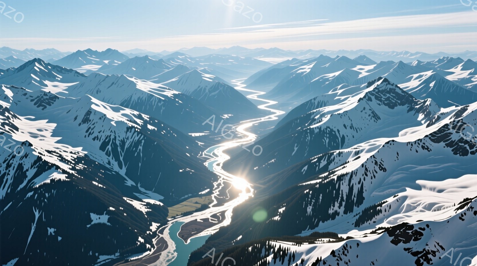 壮大な山々の風景が広がっており、雪を抱いた山々が連なり、谷間を蛇行する川が光を反射している。遠くには霞んだ山脈が連なり、全体的に静かで平和な雰囲気が漂っている。この景色は、自然の雄大さと冬の静寂を表現している。
