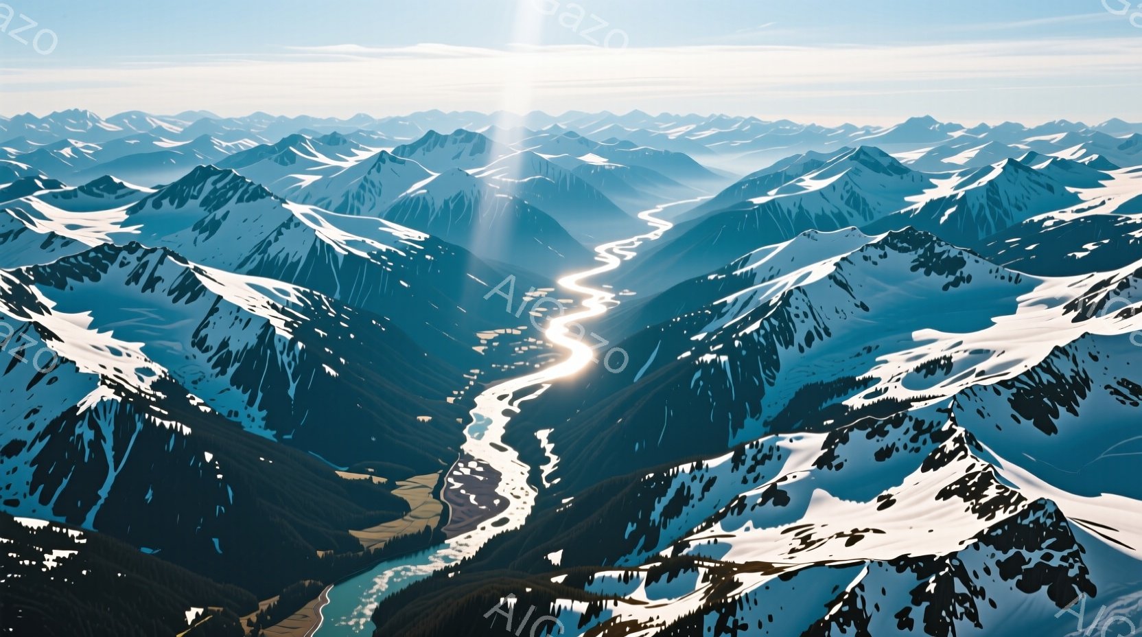 険しい山々が連なり、雪をまとった頂は太陽光を反射して輝いている。谷間を蛇行するように流れる川が、緑豊かな低地と山岳地帯を繋ぎ、壮大な自然の風景が広がっている。空には雲一つなく、澄んだ青空が広がり、静寂で雄大な雰囲気を醸し出している。