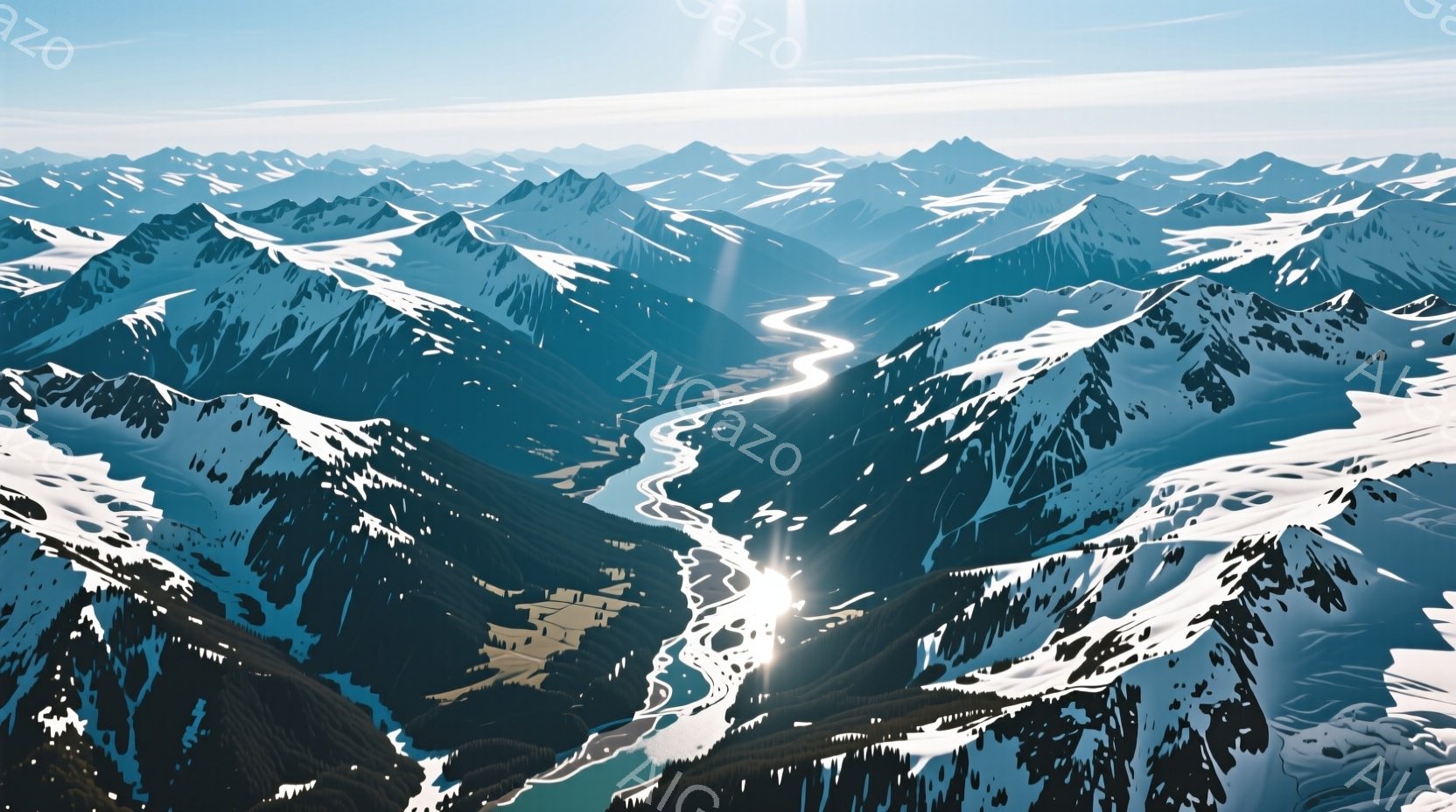 雪を抱いた山々が連なる壮大な風景が広がっている。谷間を蛇行するように流れる川が、太陽の光を反射して輝き、山肌の緑と白い雪のコントラストが美しい。全体的に冷たい空気を感じさせる、静かで雄大な雰囲気が漂っている。