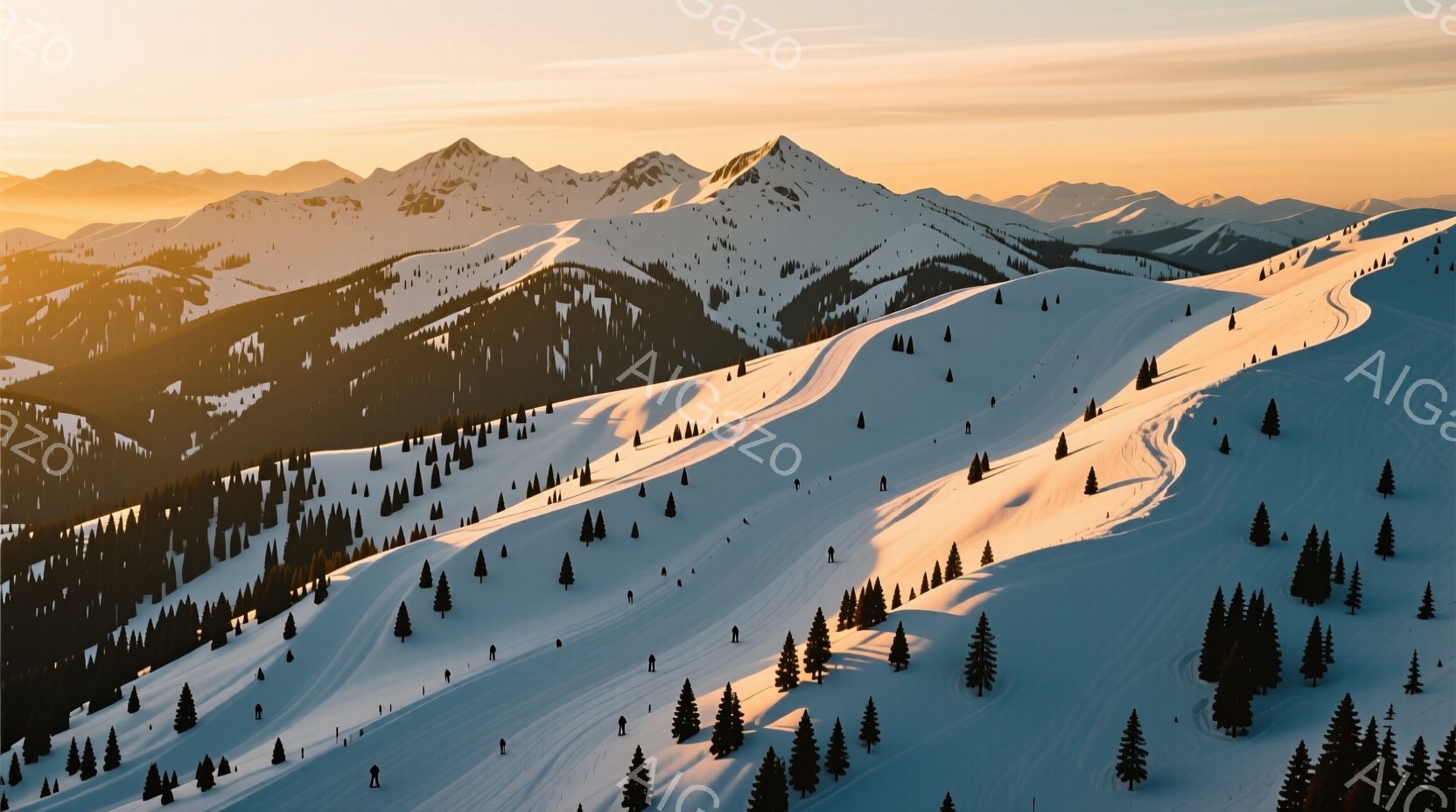 白い雪に覆われた山々が連なり、スキーヤーが点在して滑走している様子が描かれている。日没時の太陽光が雪面に反射し、暖かく穏やかな雰囲気を生み出しており、背景には針葉樹林が広がり、冬の自然の美しさを際立たせている。スキーヤーたちはカラフルなスキーウェアを着用し、雪上を滑る姿は、冬のレジャーを楽しんでいる様子を表している。