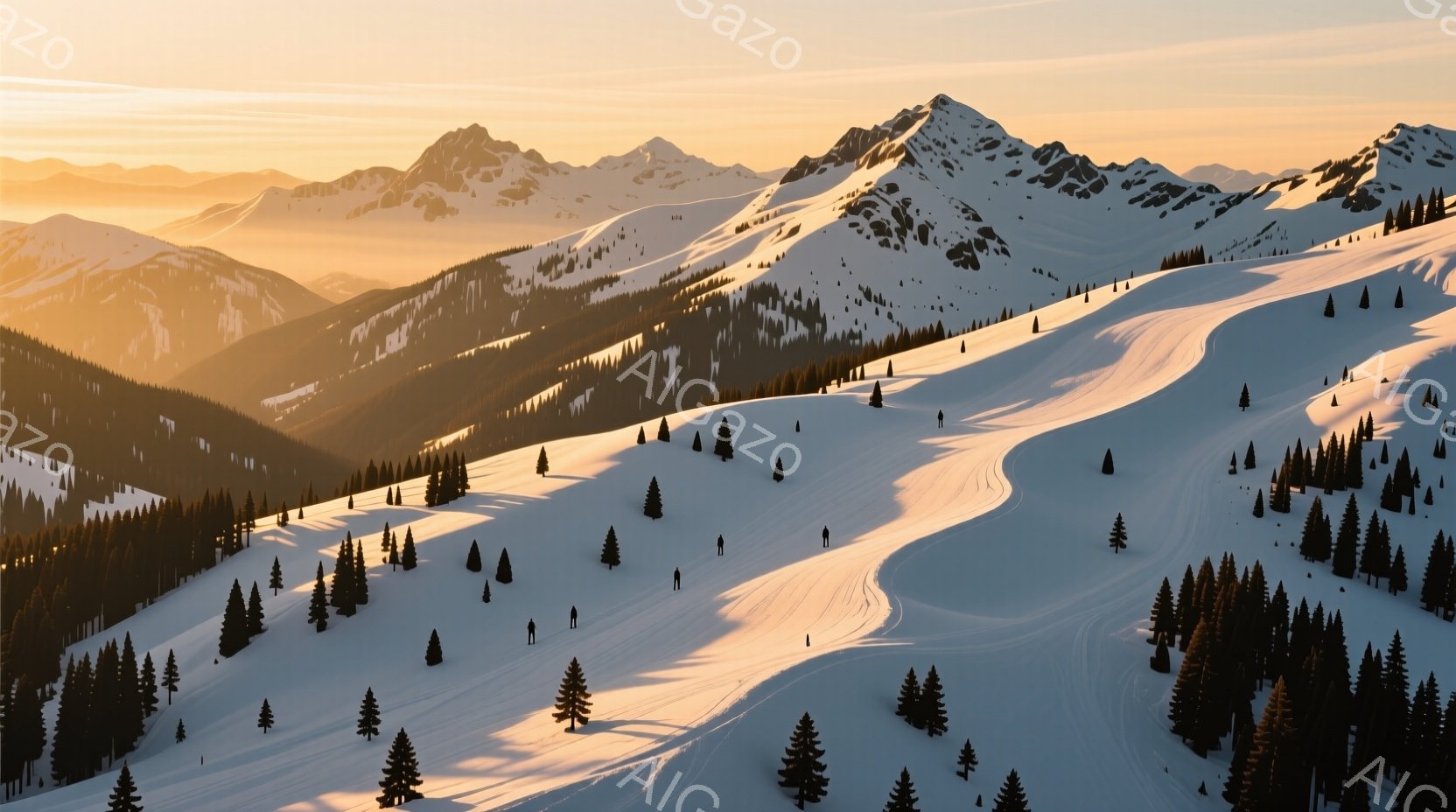 広大な雪景色が広がり、遠くには連なる山々が夕日に照らされている。斜面にはスキーヤーが数人見られ、黒い衣服に身を包み、滑走路に沿って滑っている。針葉樹の森が斜面に点在し、暖かく穏やかな雰囲気を醸し出して - AI生成フリー素材
