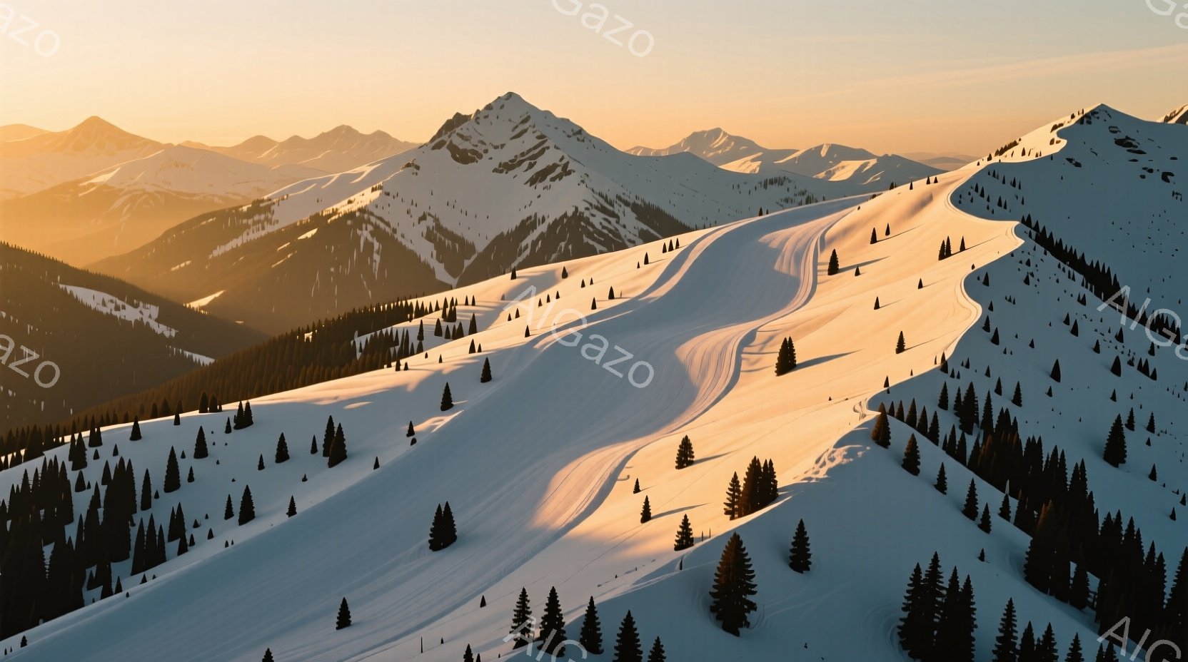 太陽が昇る時間帯の雪山の風景で、白い雪に照らされた斜面には、松の木々が点在している。雪面に刻まれたスキーの軌跡が、人々の活動を物語り、遠くには他の雪山が連なっている。暖かく穏やかな光が全体を包み込み、静寂で美しい冬の景色が広がっている。