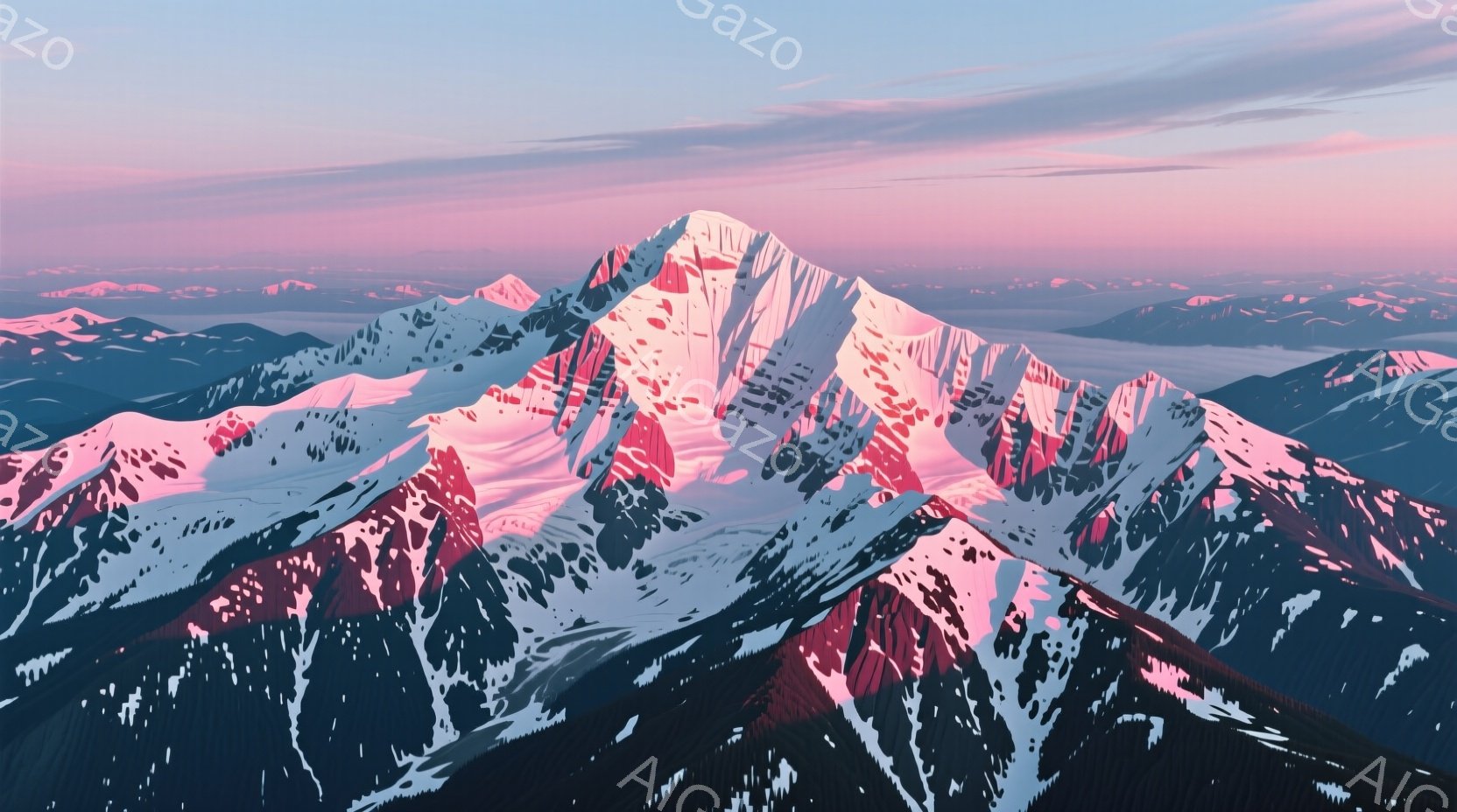 壮大な山々が夕焼けに照らされ、ピンクと紫のグラデーションが美しい景色です。雪を頂いた山肌は複雑な地形を描き出し、遠くには霞んだ山並みが広がっています。全体的に静かで幻想的な雰囲気が漂い、自然の雄大さを感じさせます。