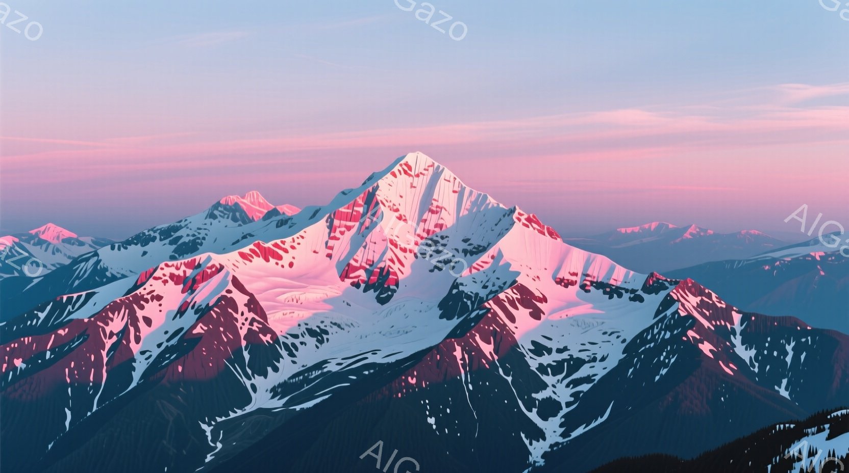 雪をまとった険しい山々が、夕焼けのようなピンク色の光に照らされている。山肌には影が入り込み、立体感と奥行きを強調している。空は明るいピンク色から徐々に暗い青色へと変化し、穏やかで幻想的な雰囲気を醸し出している。