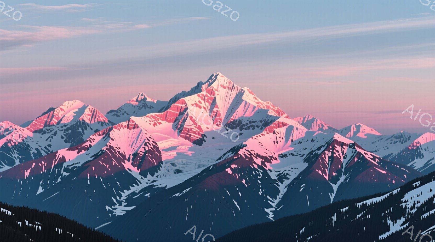荘厳な雪山が連なり、夕焼けの光を浴びてピンク色に染まっている。山肌には影が入り込み、立体感を強調している。背景には暗い緑の森林が広がり、雪と緑のコントラストが美しい。