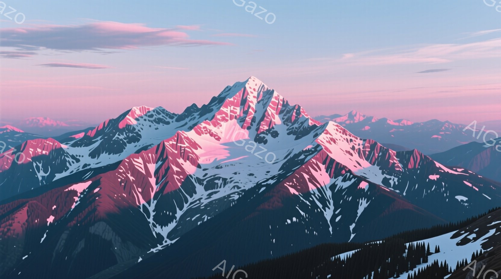 雪を抱いた山々が広がる風景で、夕焼けのようなピンクと紫の色合いが空と山肌を照らしている。山々は三角形のシャープなシルエットで表現され、影の部分は暗い青色でコントラストが際立っている。全体的に静寂で神秘 - AI生成フリー素材