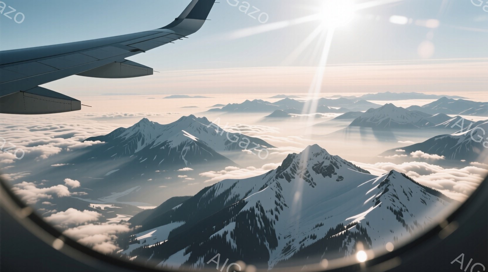 雪を冠した山々が雲海から顔を出し、壮大な景色が広がっている。航空機の翼の一部が画面の左上に写っており、窓を通して見ている視点であることがわかる。太陽光が雲の間から差し込み、山肌を照らし出し、全体的に幻想的で静寂な雰囲気を醸し出している。