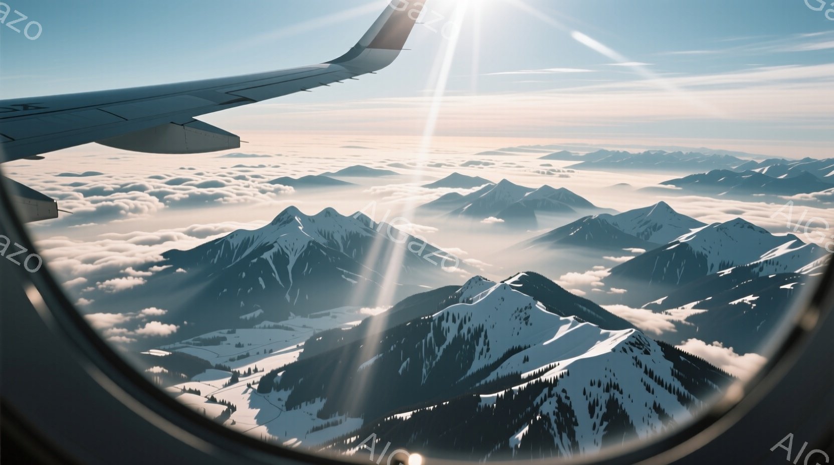 窓から見える雪山が広がる空の景色だ。太陽光が雲間から差し込み、雪山を明るく照らし出している。雲海の上に浮かぶ山々は壮大で、冬の静寂と自然の美しさを感じさせる。 - AI生成フリー素材